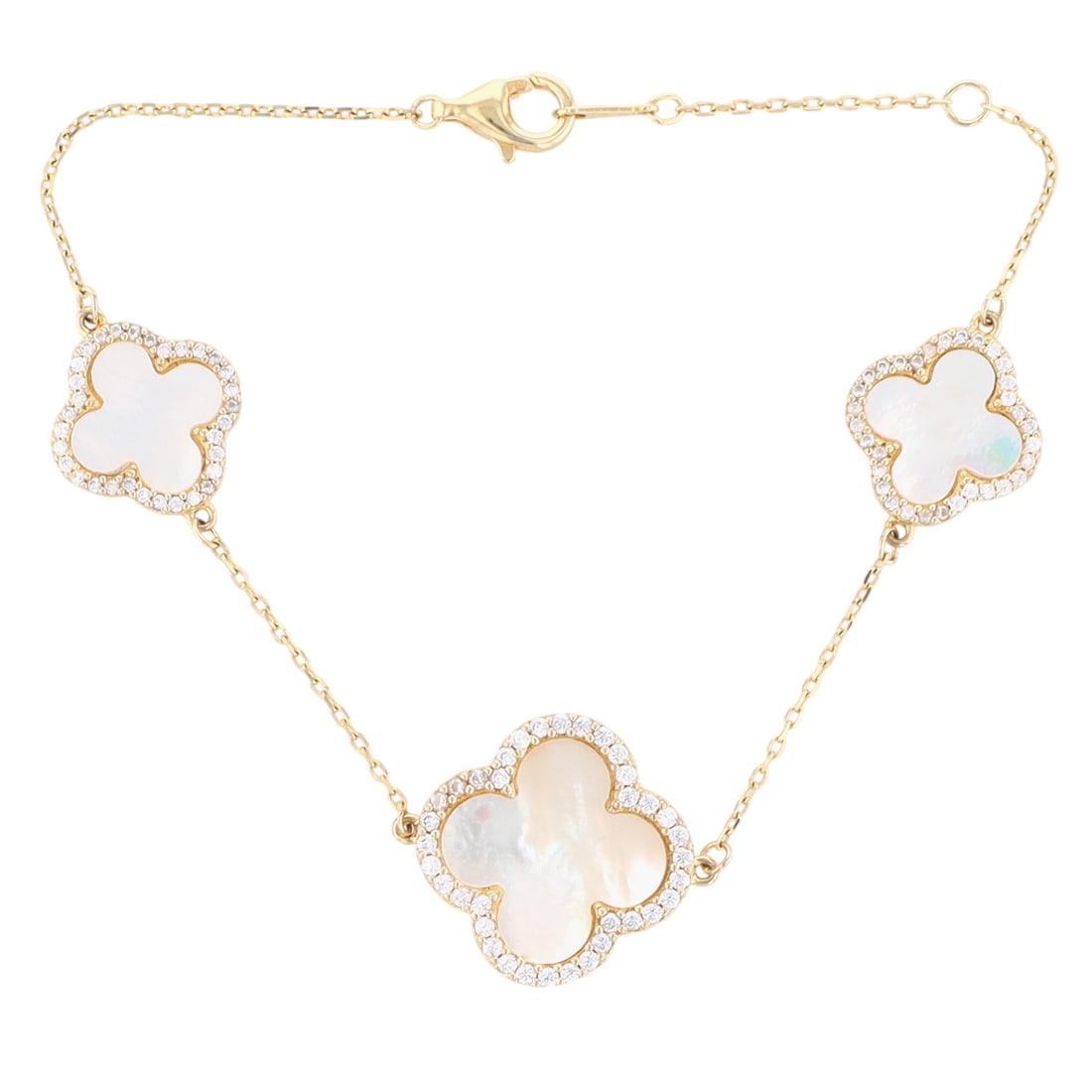 Signed Gold Over Sterling Silver Mother of Pearl CZ Kira Clover Station Bracelet: Signed Gold Over Sterling Silver, Mother of Pearl, CZ Kira Clover Station Bracelet. 6.5-7.5in Length (Adjustable). Signed EHC 925. 3.7g