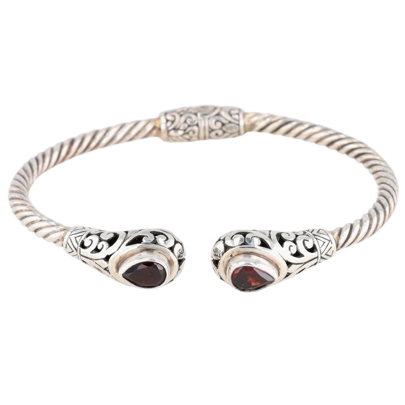 Sterling Silver Garnet Scroll Cut Hinged Cuff Bracelet: Sterling Silver, Garnet Scroll Cut Hinged Cuff Bracelet. 6.5in Length. Signed 925. 13.9g