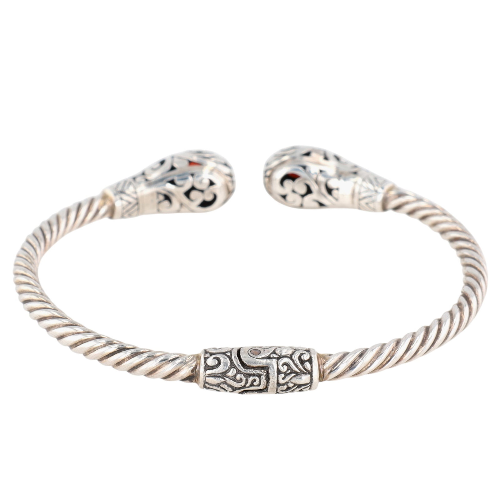 Sterling Silver Garnet Scroll Cut Hinged Cuff Bracelet - 2