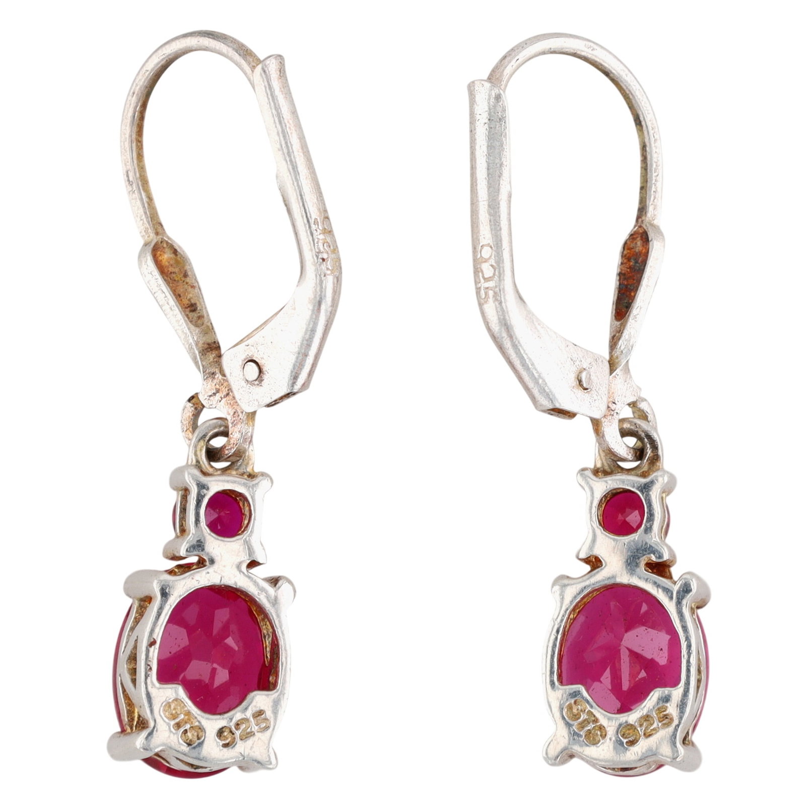 Signed Sterling Silver Ruby Double Drop Earrings - 2