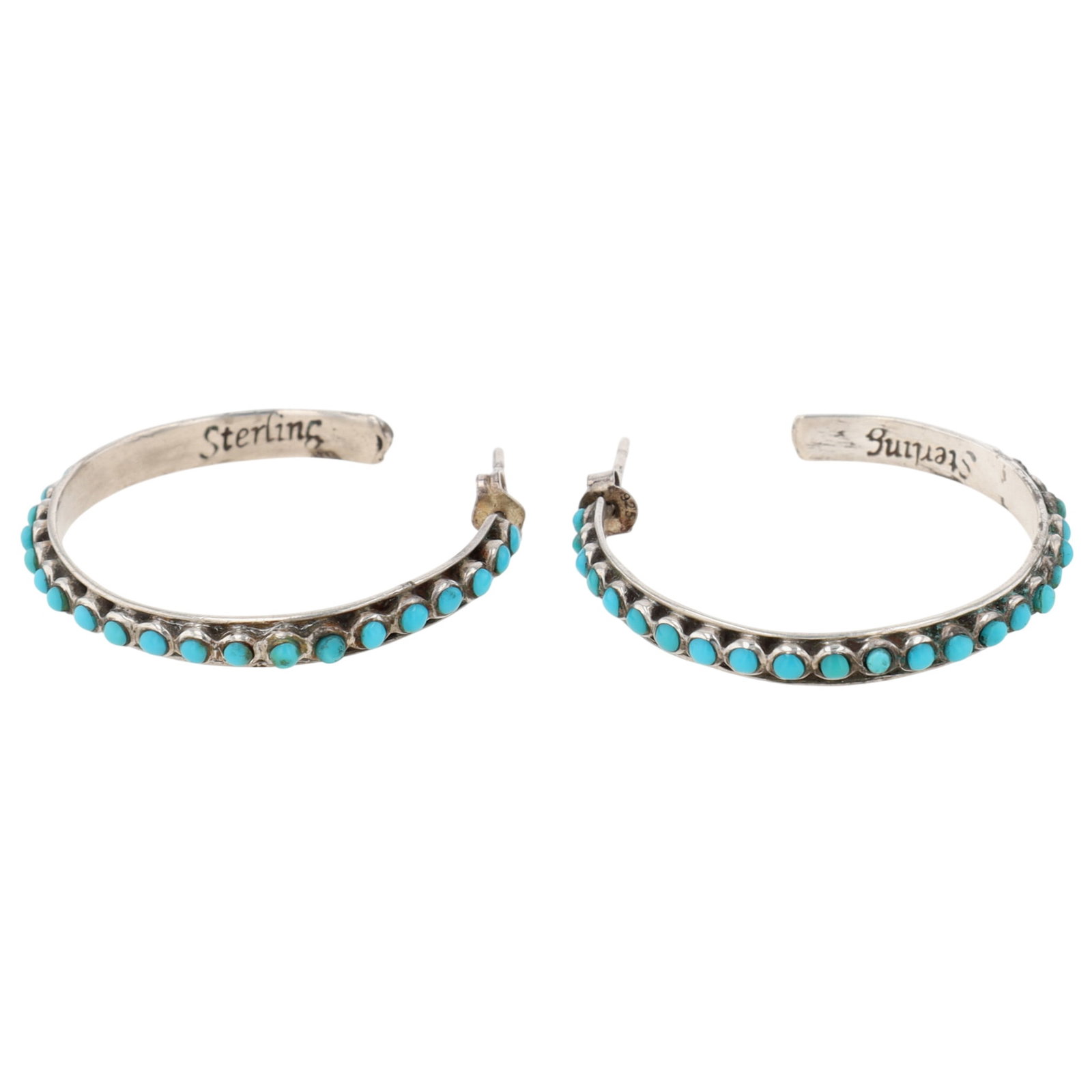 Sterling Silver Turquoise Studded Hoop Stud Earrings: Sterling Silver, Turquoise Studded Hoop Stud Earrings. Signed Sterling. 7g