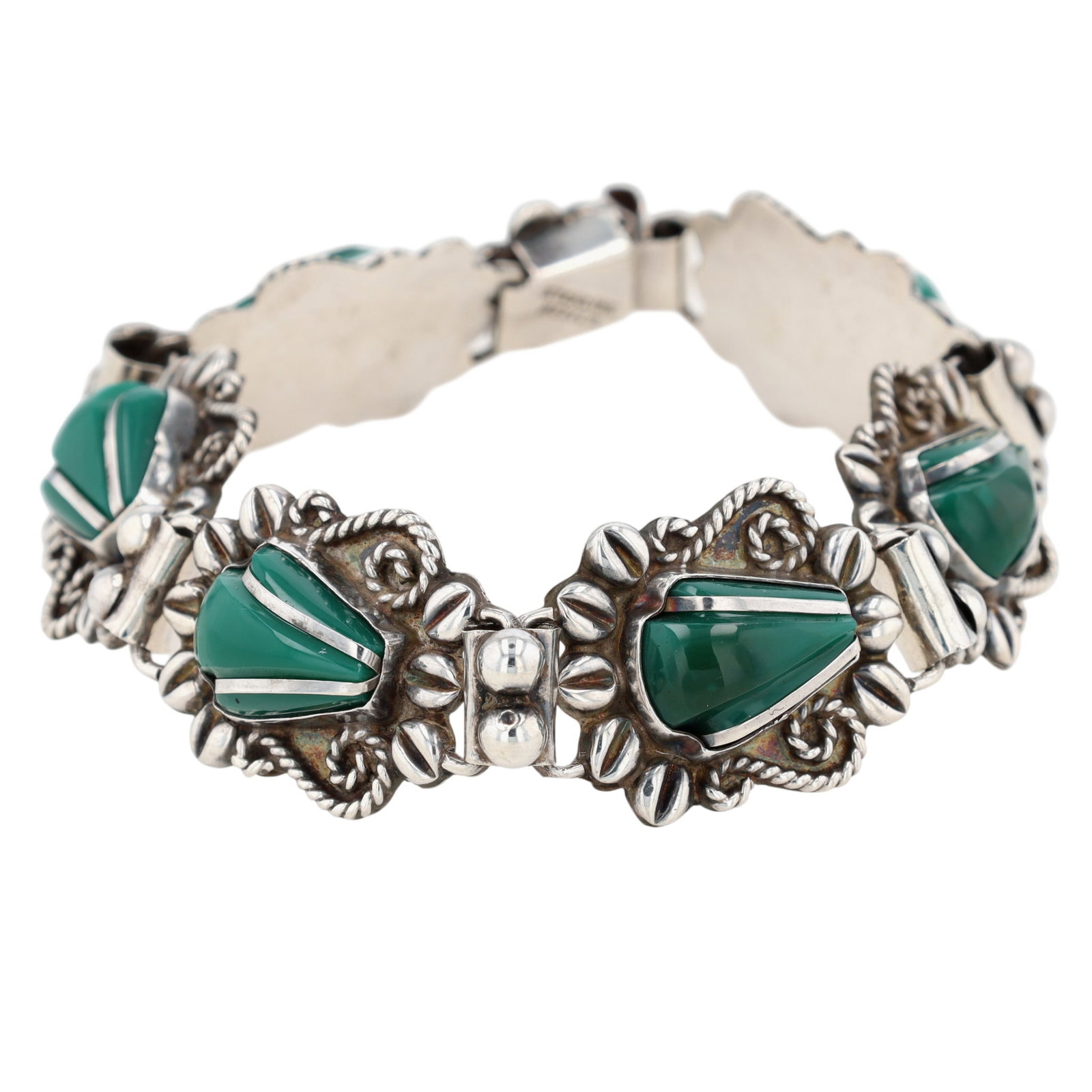Mexico Vintage Sterling Silver Carved Green Onyx Scroll Leaf Link Bracelet (1 of 4)