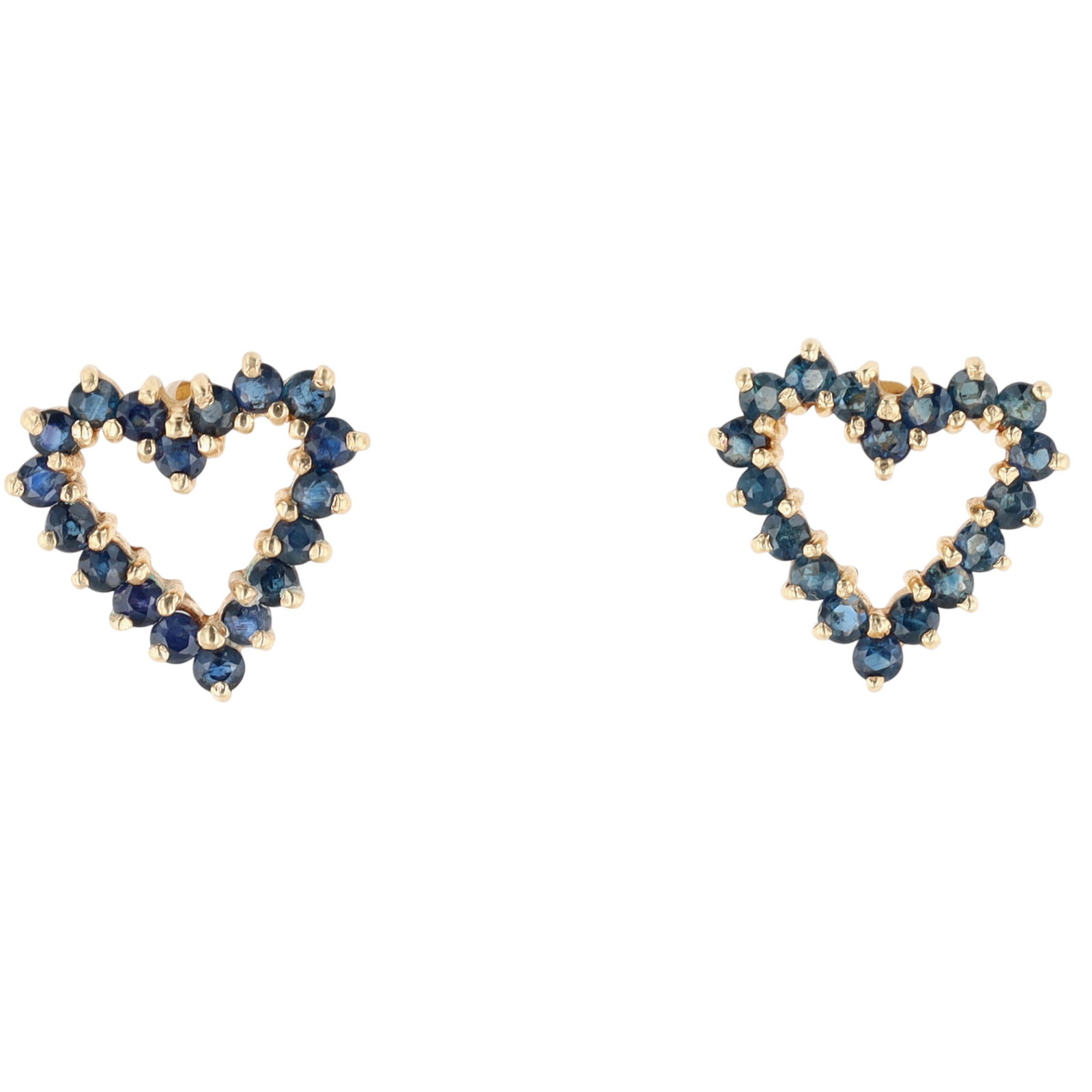 14K Yellow Gold Blue Sapphire Open Heart Stud Earrings: 14K Yellow Gold, Blue Sapphire Open Heart Stud Earrings. Approx .9 TCW. Signed 14K. 2.1g