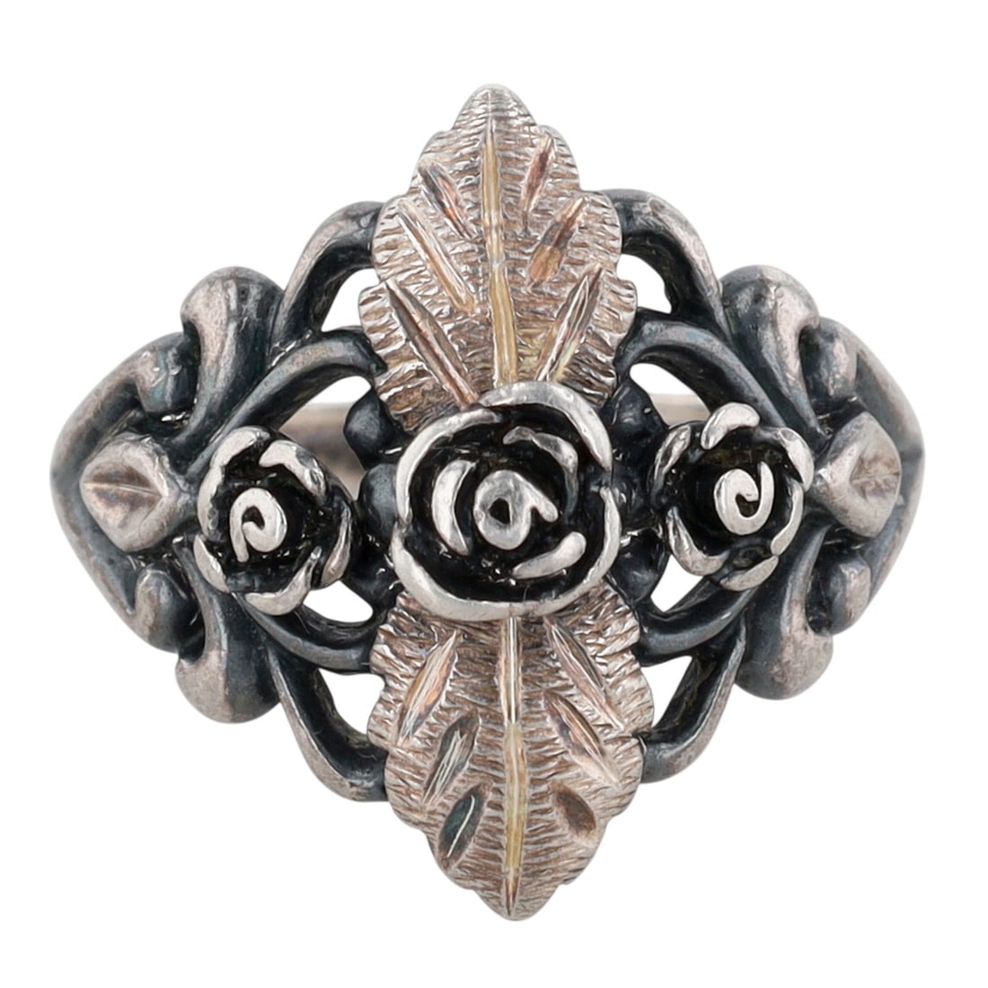 Wheeler Mfg Co Sterling Silver Black Hills Gold Plate Floral Dome Ring Size 4.5: Wheeler Mfg Co Sterling Silver, Black Hills Gold Plate Floral Dome Ring. Size 4.5. Signed WMco Ster. 4g