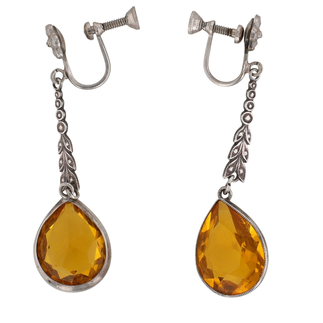 Vintage Sterling Silver Rhinestone Floral Dangle Teardrop Earrings: Vintage Sterling Silver, Yellow Rhinestone Floral Teardrop Screw Back Earrings. Signed Sterling. 7.3g