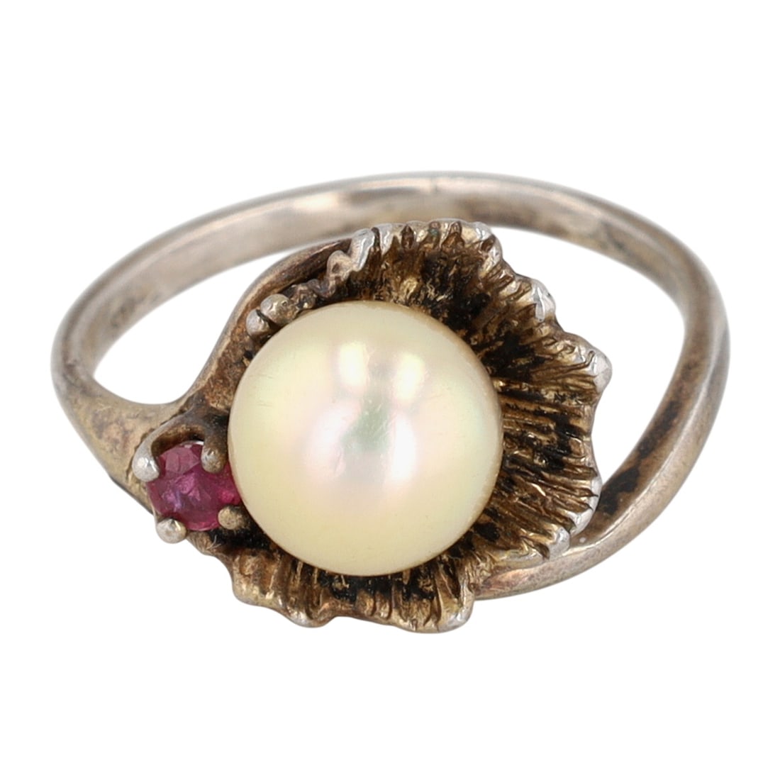 Signed Vintage Sterling Silver Ruby Pearl Blooming Ring Size 5.5 (1 of 4)