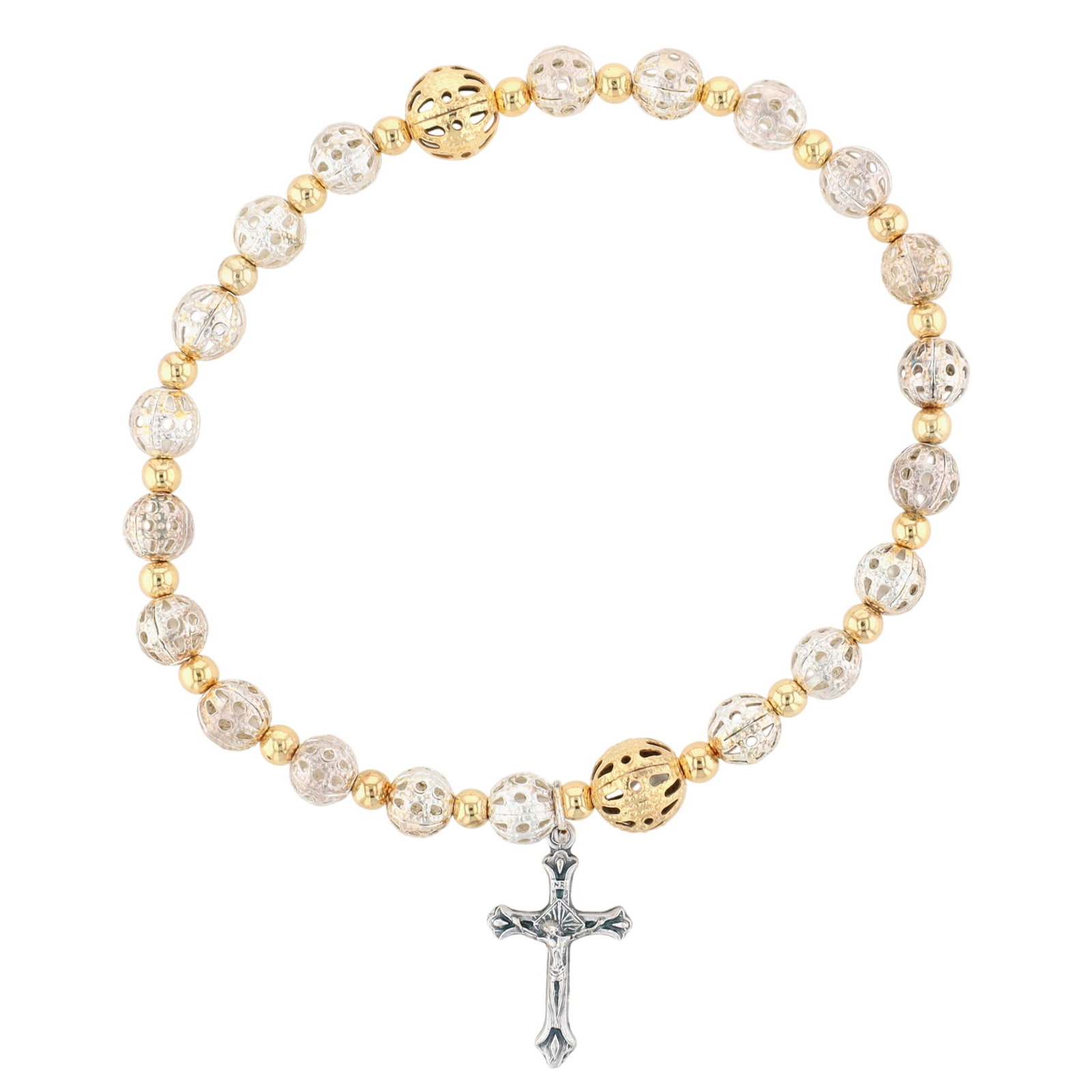 Italian Mixed Metals Beaded Crucifix Charm Stretch Bracelet (1 of 4)