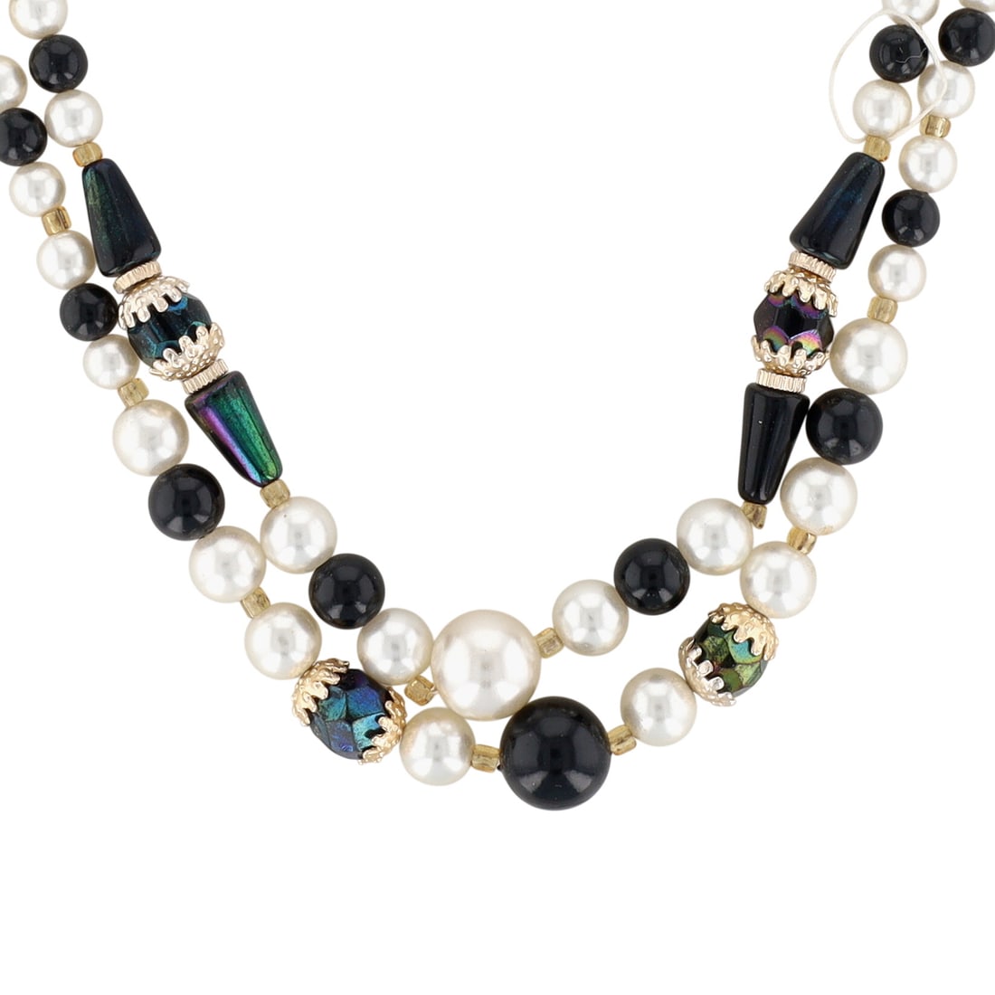 Japanese Gold Tone Metal Black White Beaded Double Strand Necklace: Japanese Gold Tone Metal, Black White Beaded Double Strand Necklace. 15-17.5in Length Adjustable. Signed Japan. 28g, As Is Missing Strand