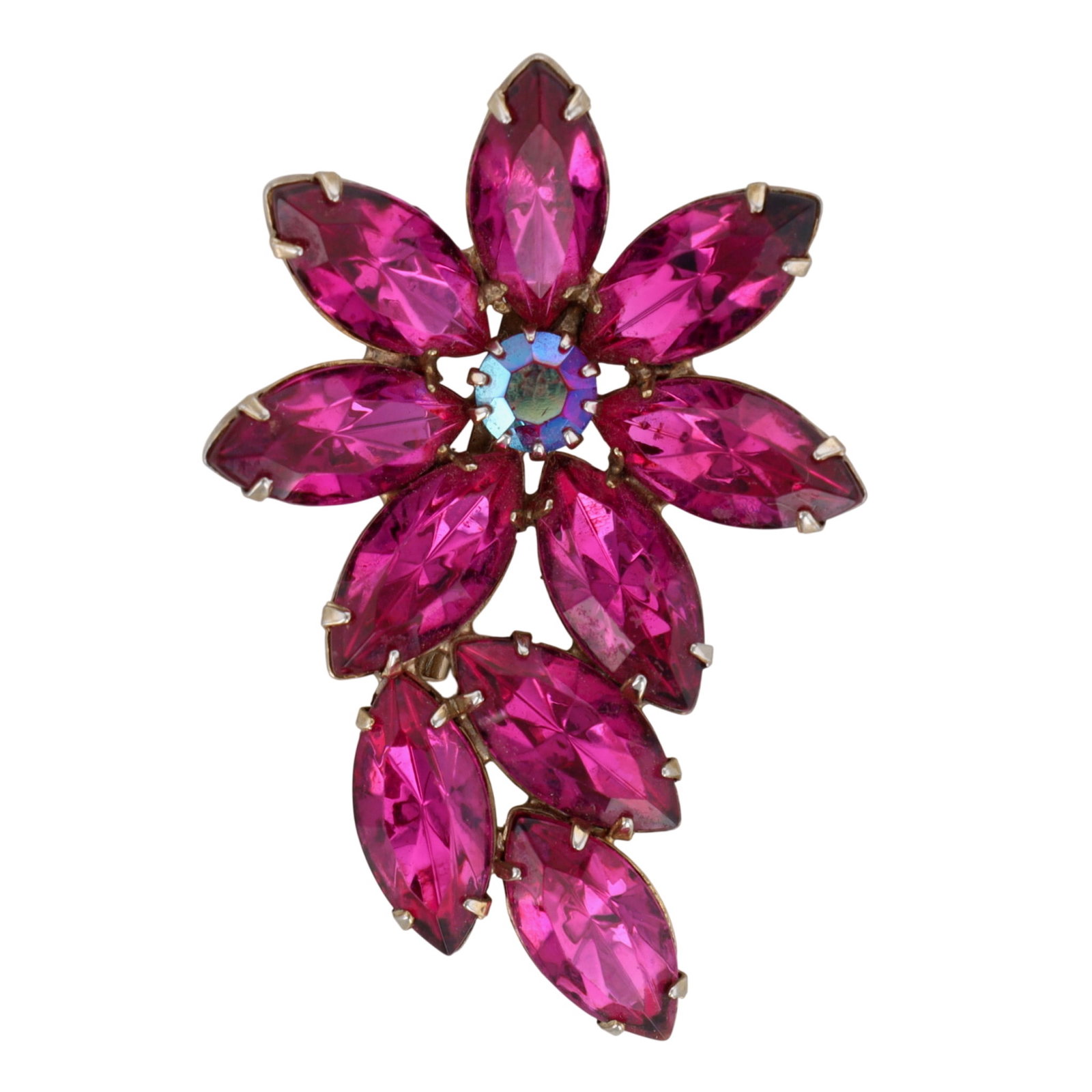 Silver Tone Metal Pink Fuchsia Rhinestone Floral Brooch: Silver Tone Metal, Pink Fuchsia Rhinestone Floral Brooch. 10.8g