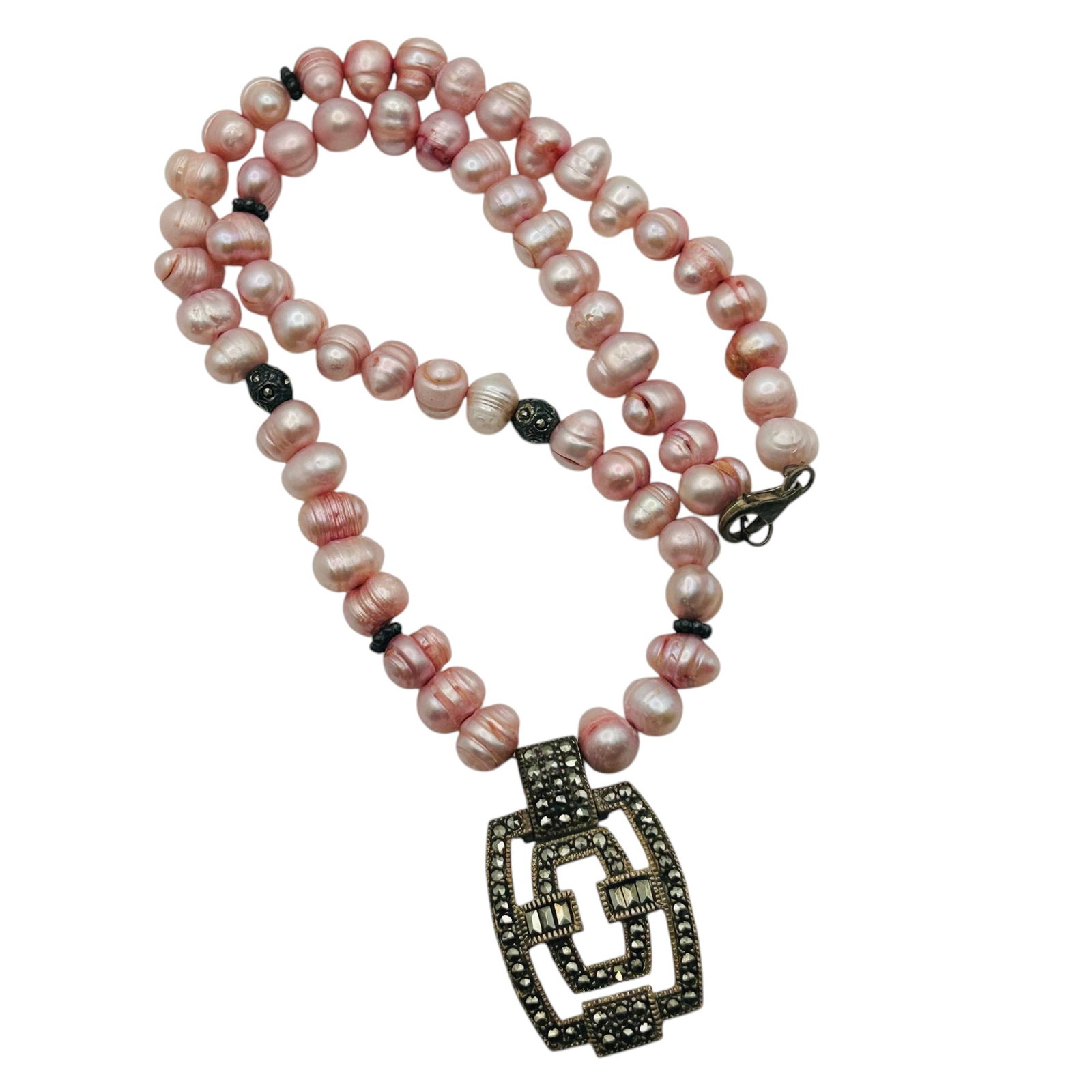 Sterling Dyed Pink Pearl Marcasite Necklace: Sterling dyed pink pearl marcasite necklace 36.8g