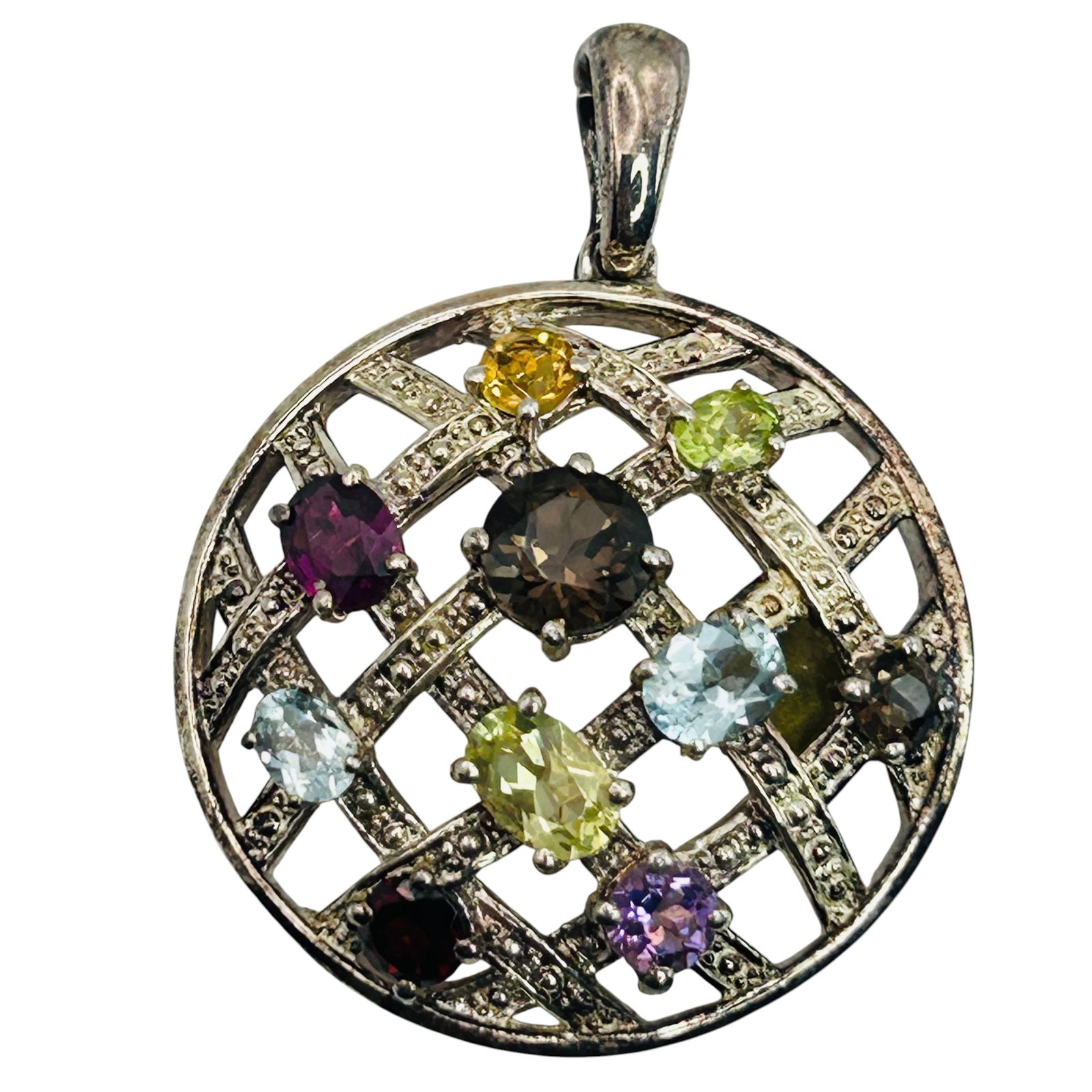 Signed Sterling Multi Gem Woven Pendant: Signed Sterling multi gem woven pendant 7.9g | peridot garnet citrine topaz