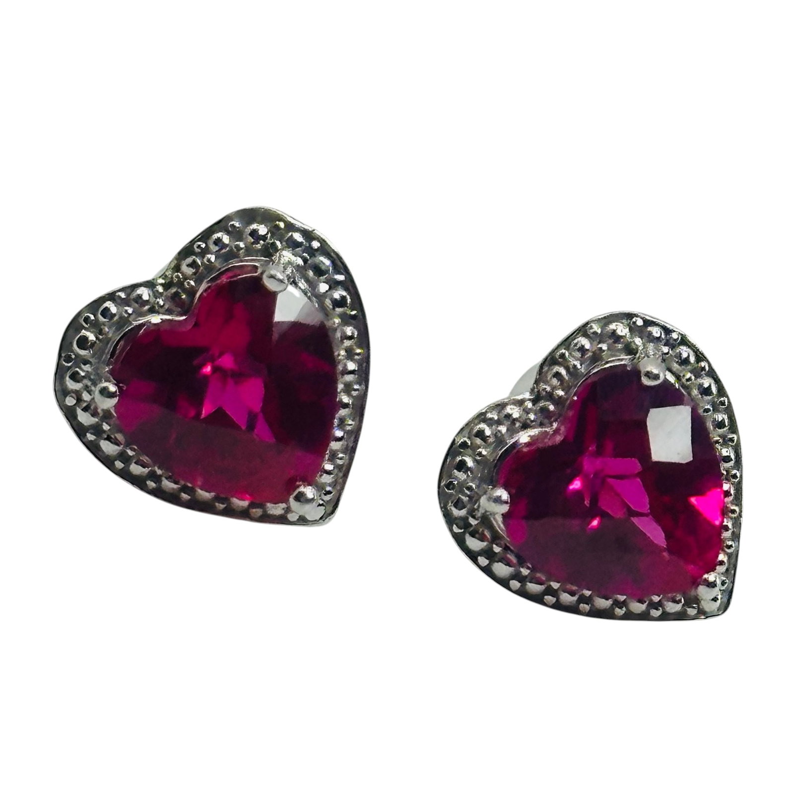 Signed Sterling Pink Sapphire Heart Earrings: Signed P M Sterling pink sapphire heart earrings 2.1g