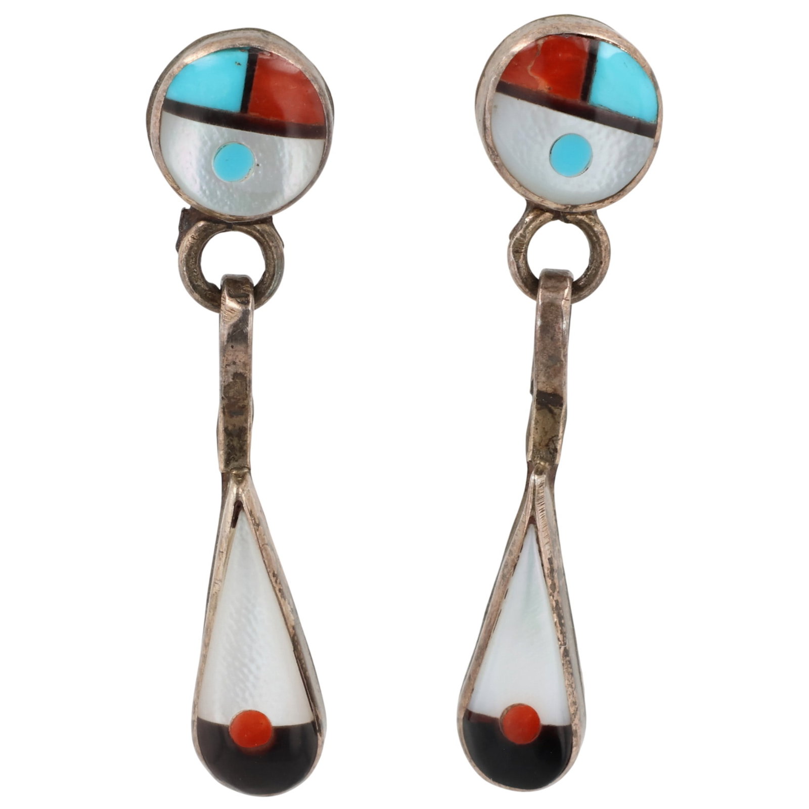 Vintage Zuni Sterling Multi-Stone Inlay Sunface Earrings: Vintage Zuni Sterling Multi-Stone Inlay Sunface Earrings / 2g / Turquoise, Coral, Onyx, Mother of Pearl / One pushback present, as shown in photo