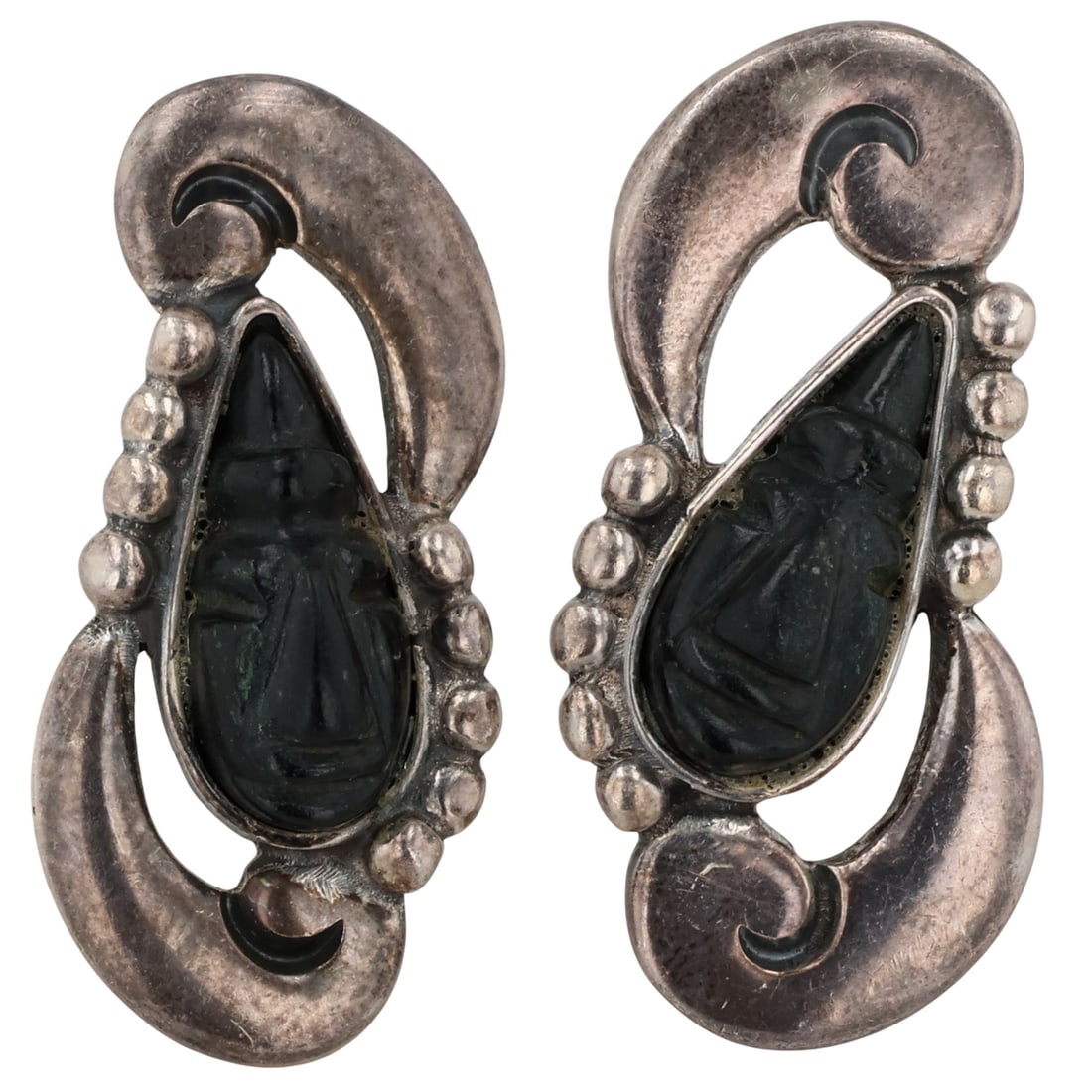Signed Mexico Taxco Sterling Onyx Mask Cufflinks: Signed AN? Mexico Taxco Sterling Carved Onyx Mask Cufflinks / 22g