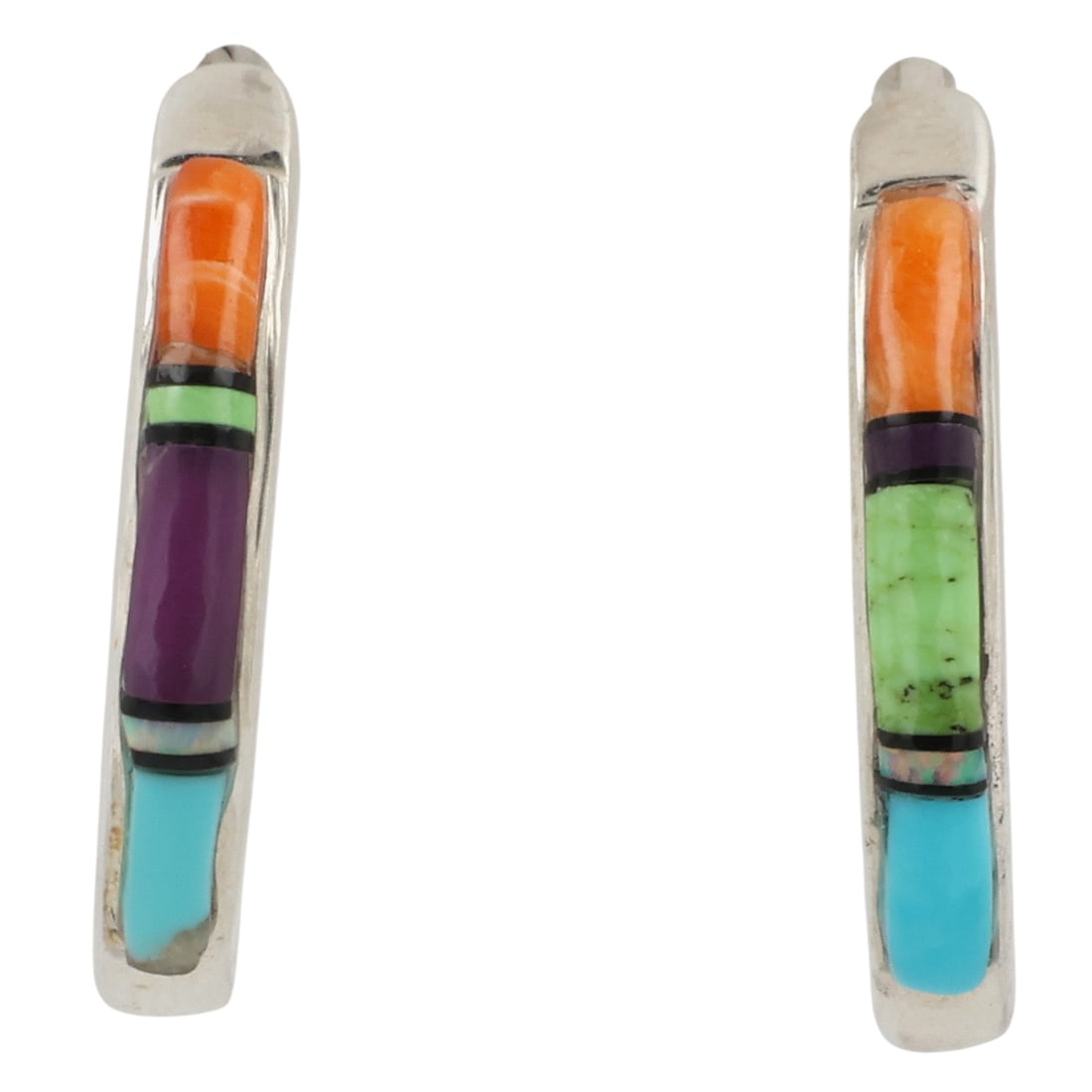 Laura Lincoln Navajo Sterling Multi-Stone Inlay Earrings: Laura Lincoln Navajo Sterling Multi-Stone Inlay Earrings / 2.5g / Spiny Oyster, Turquoise, Opal, Gaspeite, Sugilite, Onyx / Unsigned. Artist attribution based on accompanying tag.