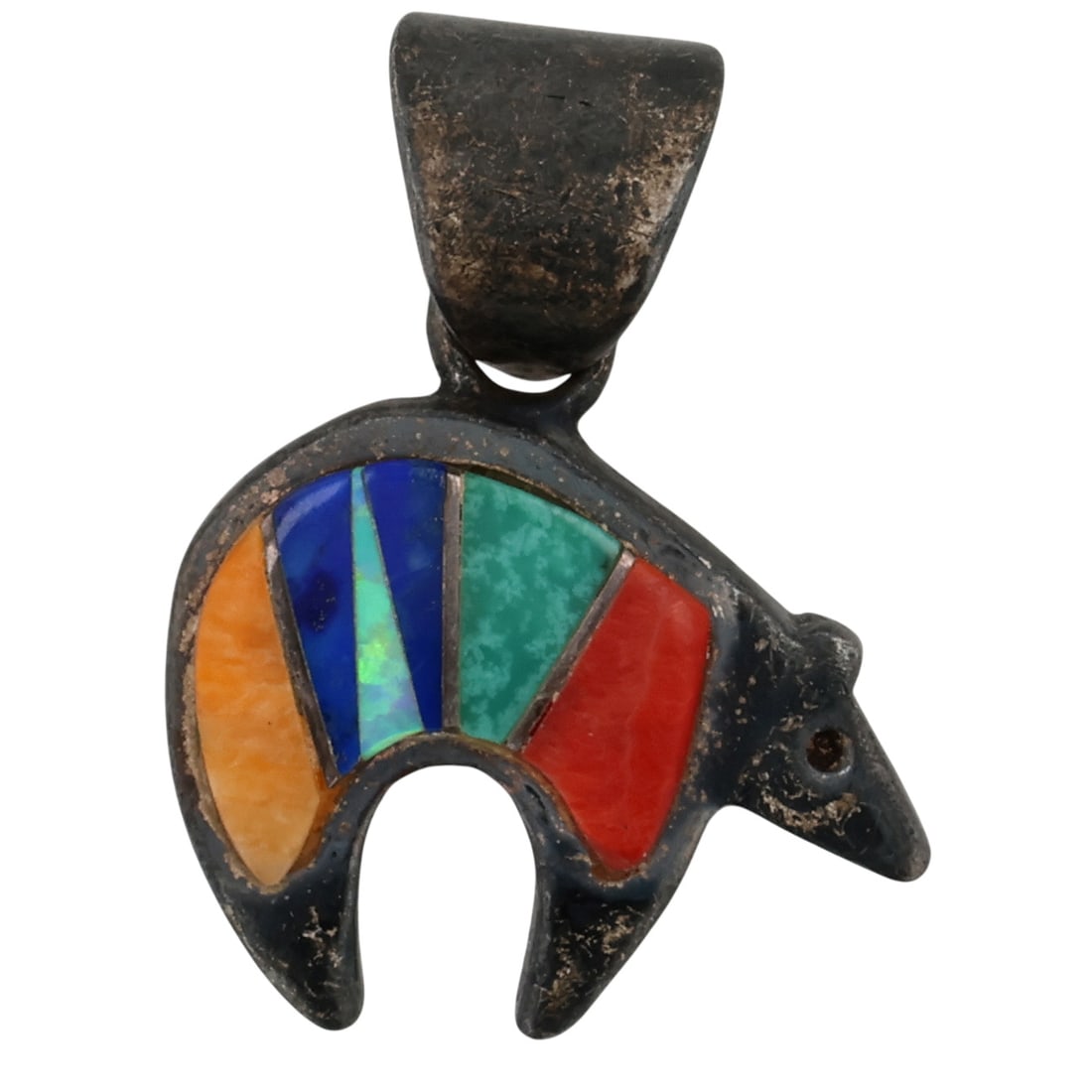 Signed Navajo Sterling Multi-Stone Inlay Bear Pendant: Signed VKY? Navajo for Touch of Santa Fe Sterling Multi-Stone Inlay Bear Pendant / 3g / Spiny Oyster, Lapis Lazuli, Turquoise, Opal, Coral