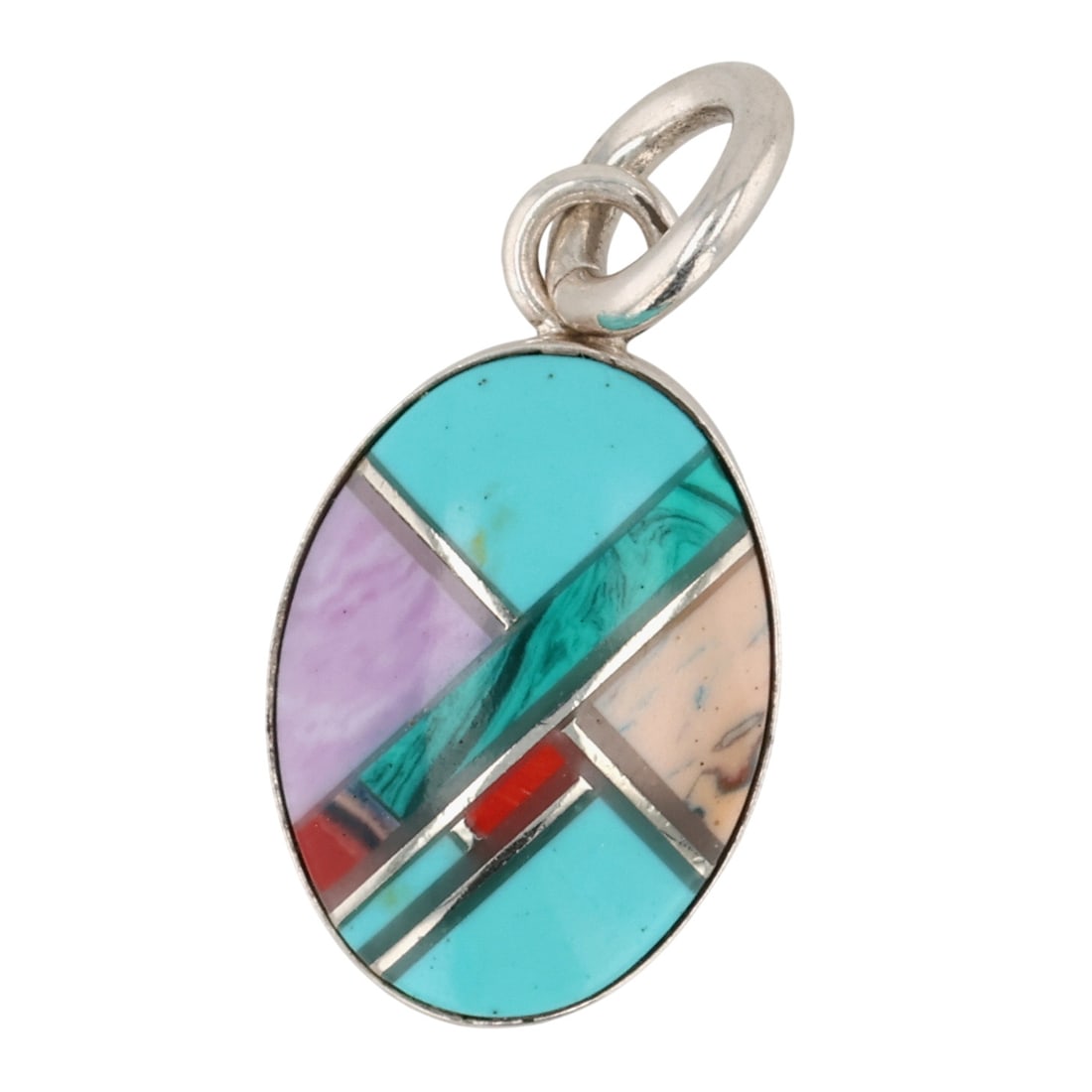 Southwest Sterling Multi-Stone Inlay Pendant: Southwest Sterling Multi-Stone Inlay Pendant / 2g / Turquoise, Malachite, Charoite, Jasper, Coral