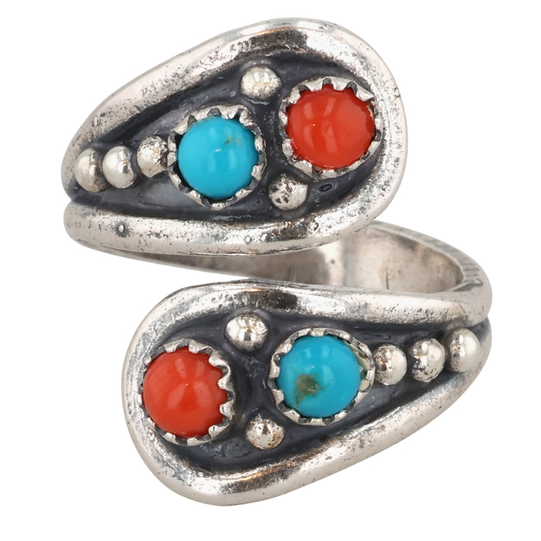 Genevieve Francisco Navajo Sterling Turquoise Coral Adjustable Ring: Genevieve Francisco Navajo for Running Bear Shop Sterling Turquoise Coral Adjustable Ring Sz 8 / 6g / Unsigned by artist. Artist attribution based on accompanying tag.