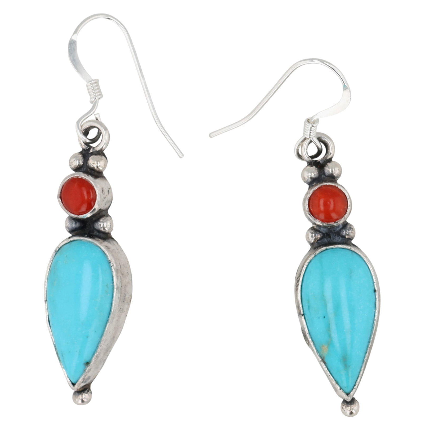 Harris Largo Navajo Sterling Turquoise Coral Earrings: Harris Largo Navajo for Running Bear Shop Sterling Turquoise Coral Earrings / 4.5g / Unsigned by artist. Artist attribution based on accompanying tag.