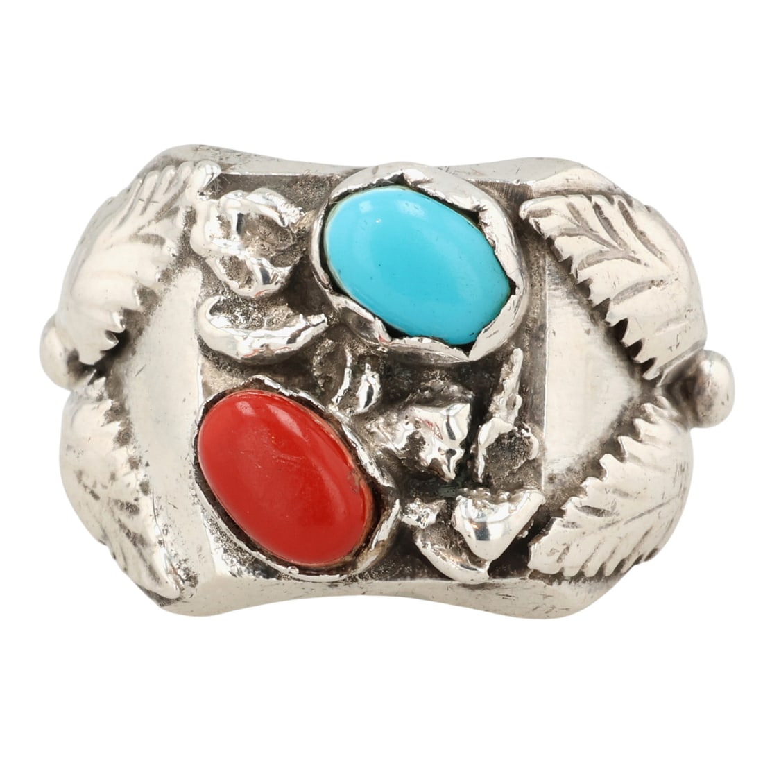 Navajo Sterling Coral Turquoise Ring Sz 10: Navajo Sterling Coral Turquoise Ring / Sz 10 / 20g