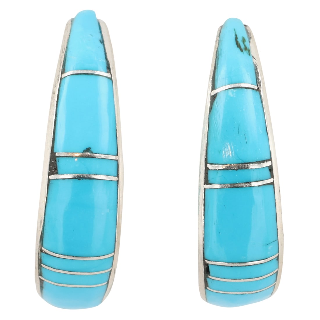 James Kee Zuni Sterling Turquoise Inlay Hoop Earrings: James Kee Zuni Sterling Turquoise Inlay Hoop Earrings / 4.5g / Inlay does not sit flush against settings in all spots. See photos. / Unsigned. Artist attribution based on accompanying tag.