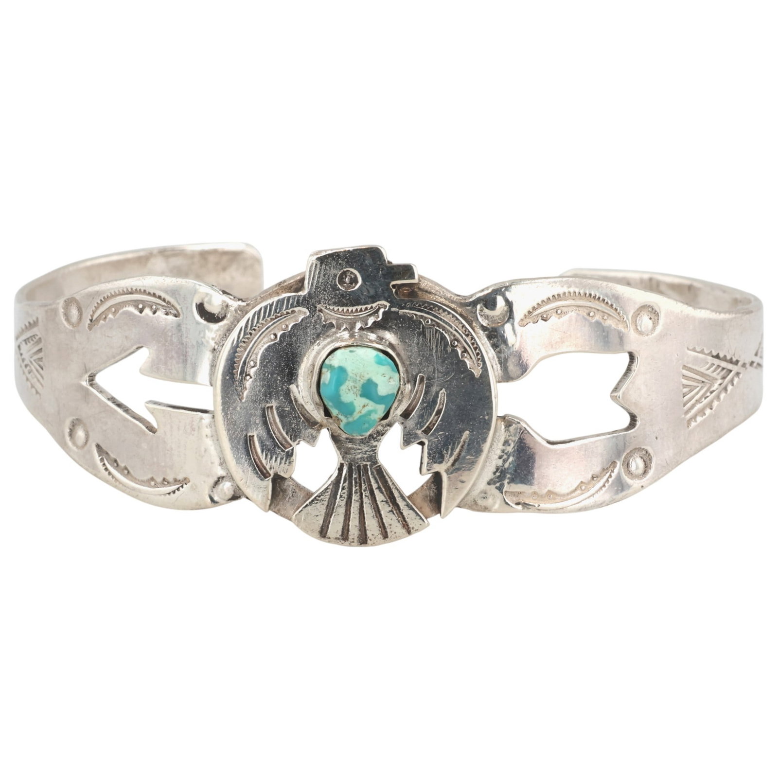 Vintage Navajo Sterling Turquoise Thunderbird Cuff Bracelet: Vintage Navajo Sterling Turquoise/Variscite Thunderbird Cuff Bracelet / 20g / Bezel does not sit flush against stone, see photos.