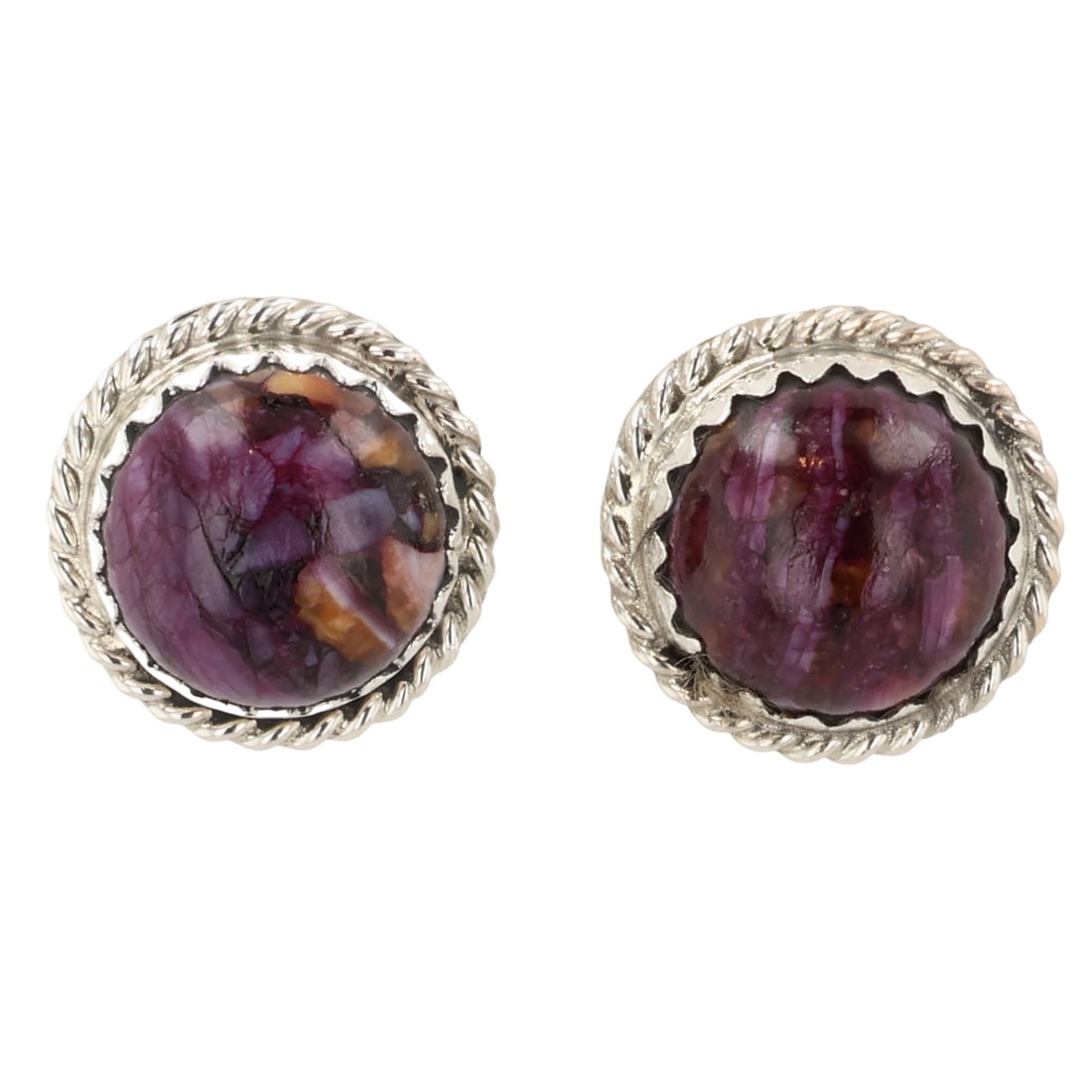 Esther White Navajo Sterling Purple Spiny Oyster Earrings: Esther White Navajo Sterling Compressed Purple Spiny Oyster Earrings / 2g / Unsigned. Artist attribution based on accompanying tag.