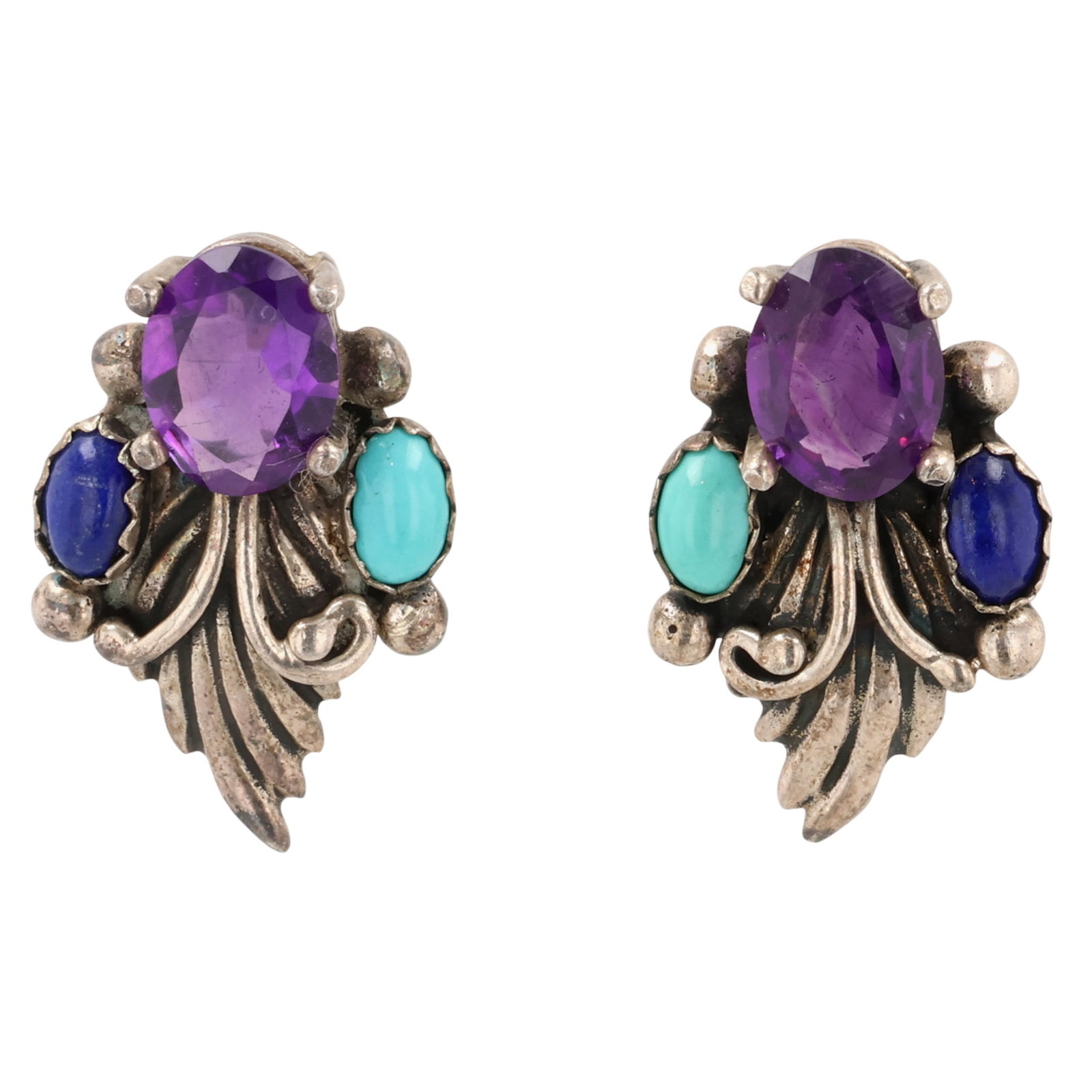 First American Traders Sterling Multi-Stone Earrings: First American Traders Sterling Multi-Stone Earrings / 5g / Turquoise, Amethyst, Lapis Lazuli