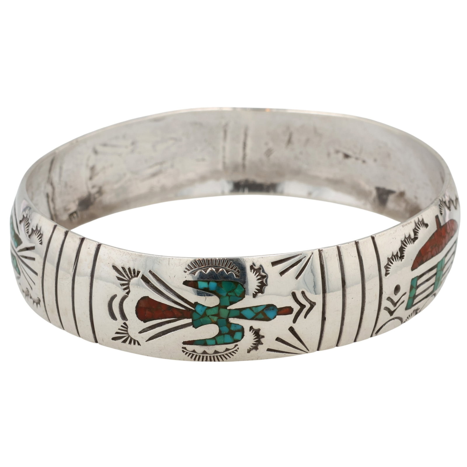 Signed Navajo Sterling Crushed Turquoise Coral Inlay Bangle Bracelet: Signed E Navajo Sterling Crushed Turquoise and Coral Inlay Bangle Bracelet / 28g