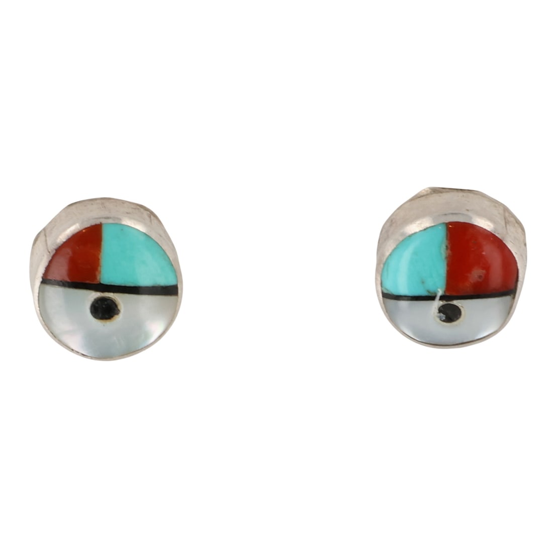 Zuni Sterling Multi-Stone Inlay Sunface Earrings: Zuni Sterling Multi-Stone Inlay Sunface Earrings / 1g / Turquoise, Coral, Onyx, Mother of Pearl
