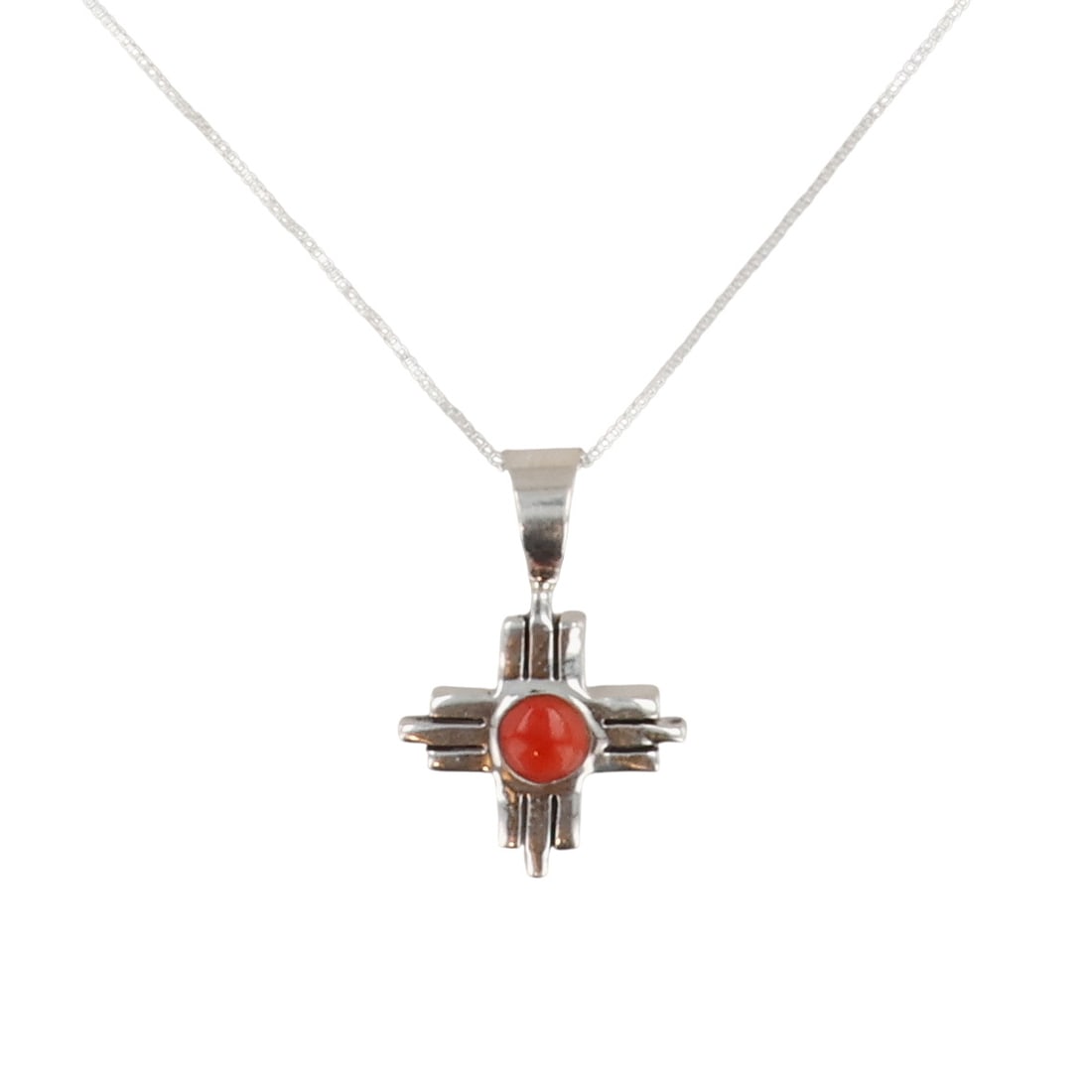 Jerold Francisco Navajo Sterling Coral Zia Necklace: Jerold Francisco Navajo Sterling Coral Zia Necklace / 3.5g / Unsigned. Artist attribution based on accompanying tag.