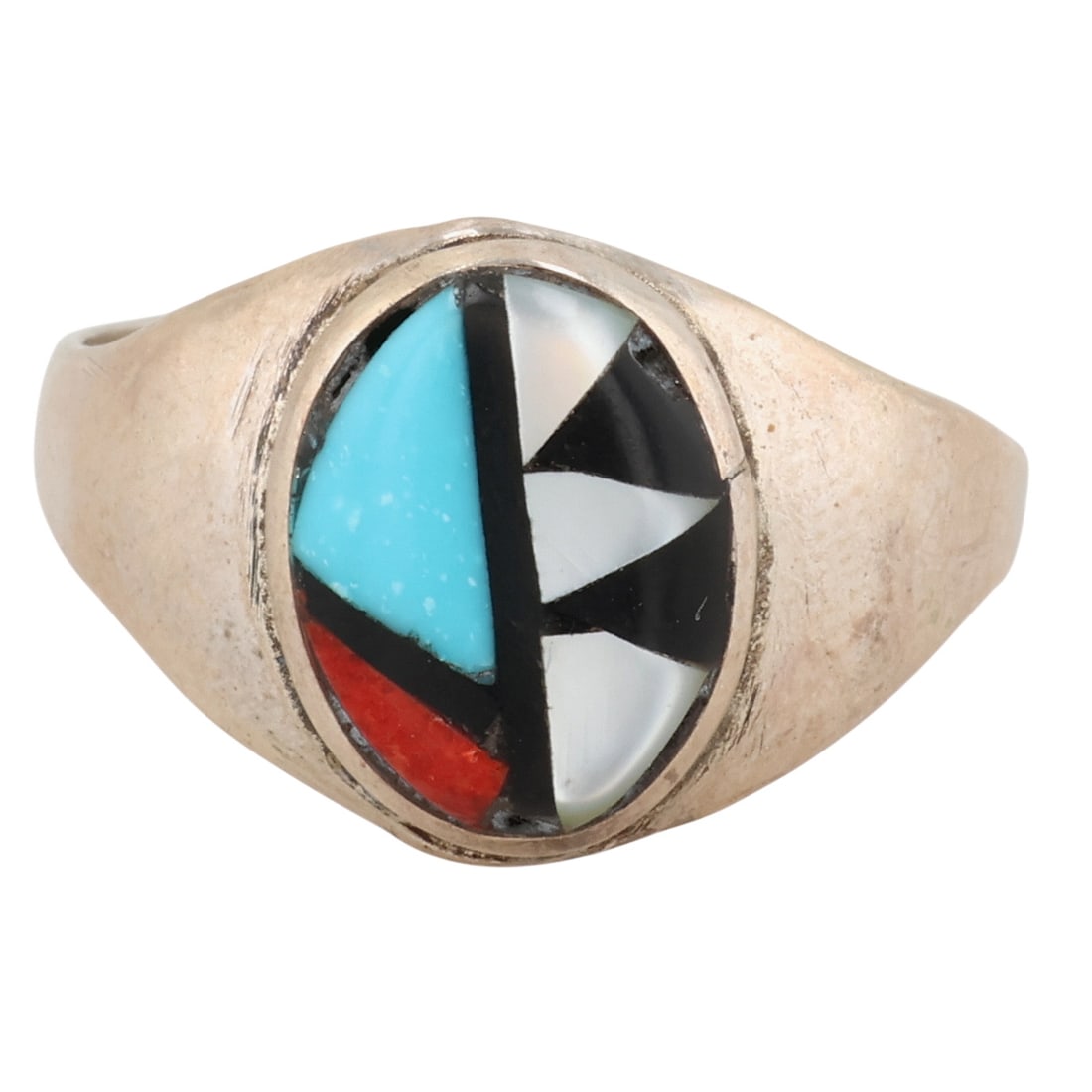 Raymond Bobelu Zuni Sterling Multi-Stone Inlay Ring Sz 10: Raymond Bobelu Zuni Sterling Multi-Stone Inlay Ring Sz 10 / 5g / Mother of Pearl, Onyx, Coral, Turquoise