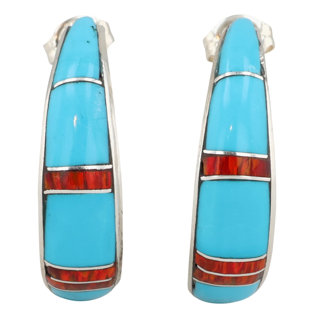 James Kee Zuni Sterling Turquoise Opal Inlay Hoop Earrings: James Kee Zuni Sterling Turquoise Opal Inlay Hoop Earrings / 4.5g / Unsigned. Artist attribution based on accompanying tag.