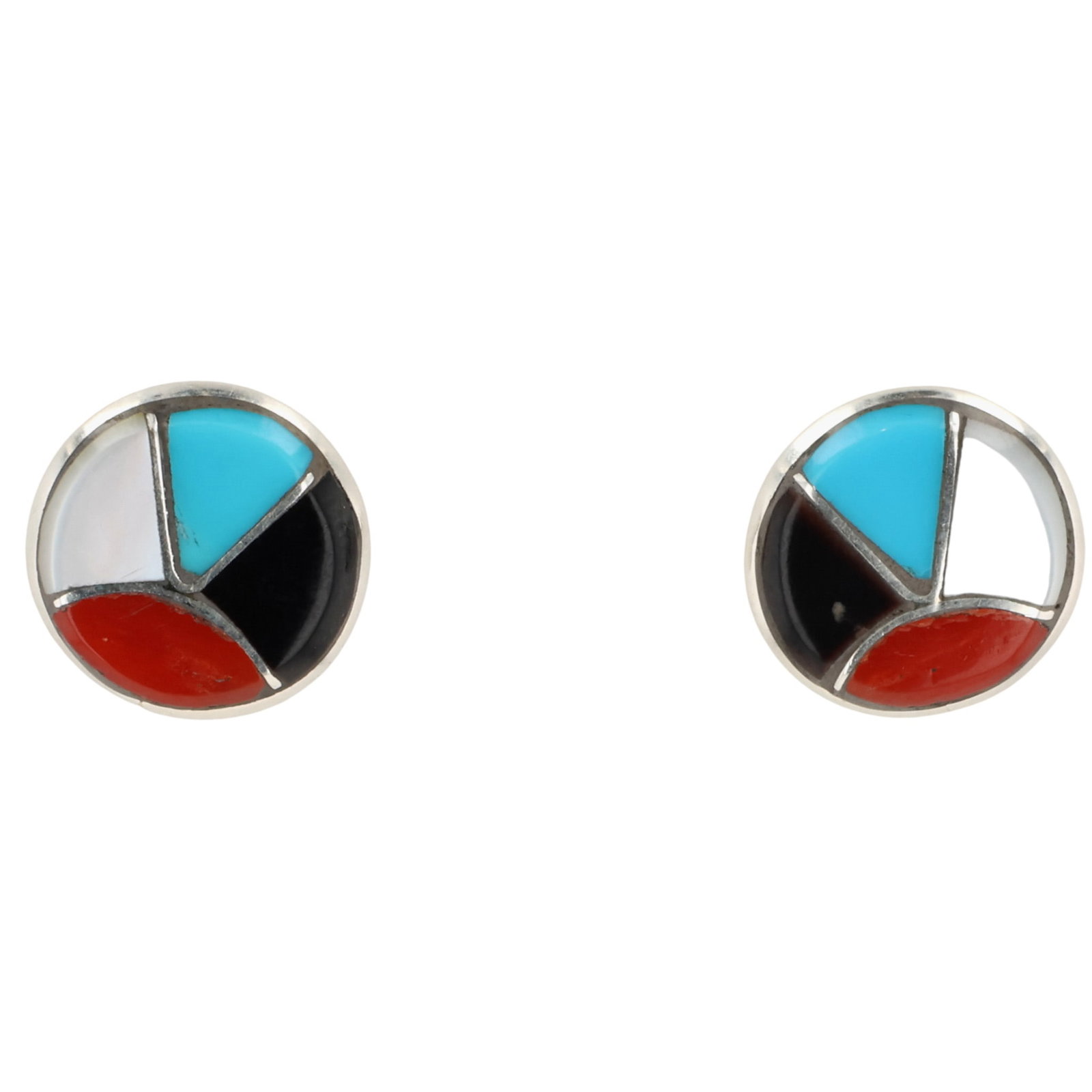 Antonetti Ahiyite Zuni Sterling Multi-Stone Inlay Earrings: Antonetti Ahiyite Zuni Sterling Multi-Stone Inlay Earrings / 2g / Mother of Pearl, Coral, Onyx, Turquoise / Unsigned. Artist attribution based on accompanying tag.