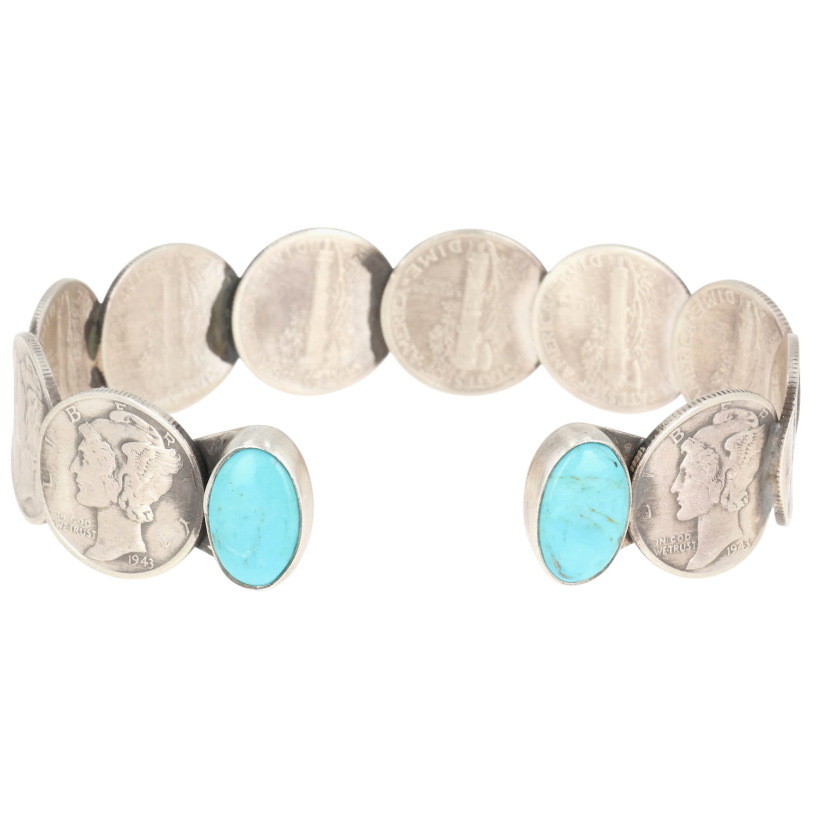 James McCabe Navajo Sterling Kingman Turquoise Mercury Dime Cuff Bracelet (1 of 7)