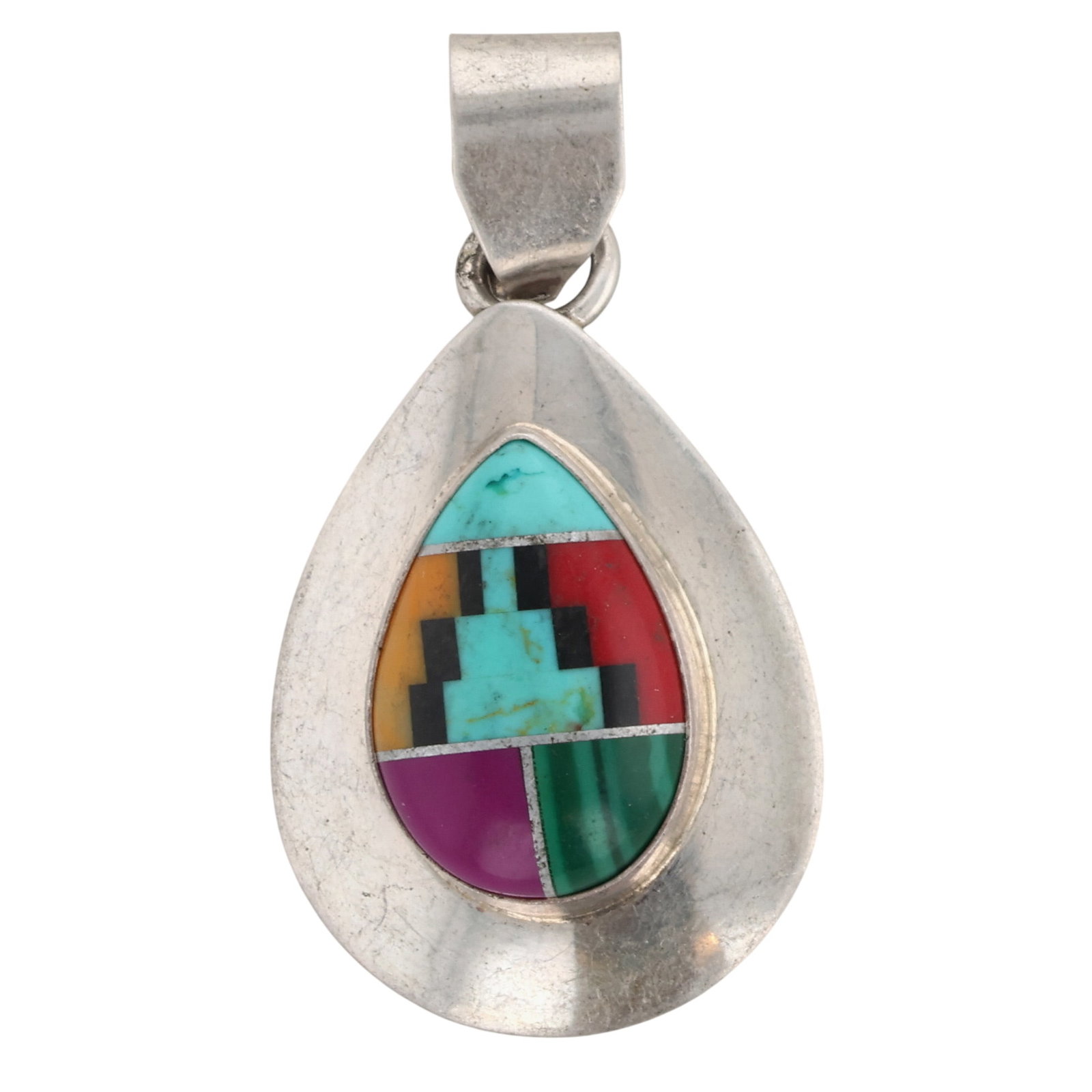 Signed Navajo Sterling Multi-Stone Inlay Pendant: Signed RWG Navajo Sterling Multi-Stone Inlay Pendant / 3g / Synthetic Turquoise, Sugilite, Malachite, Coral, Onyx