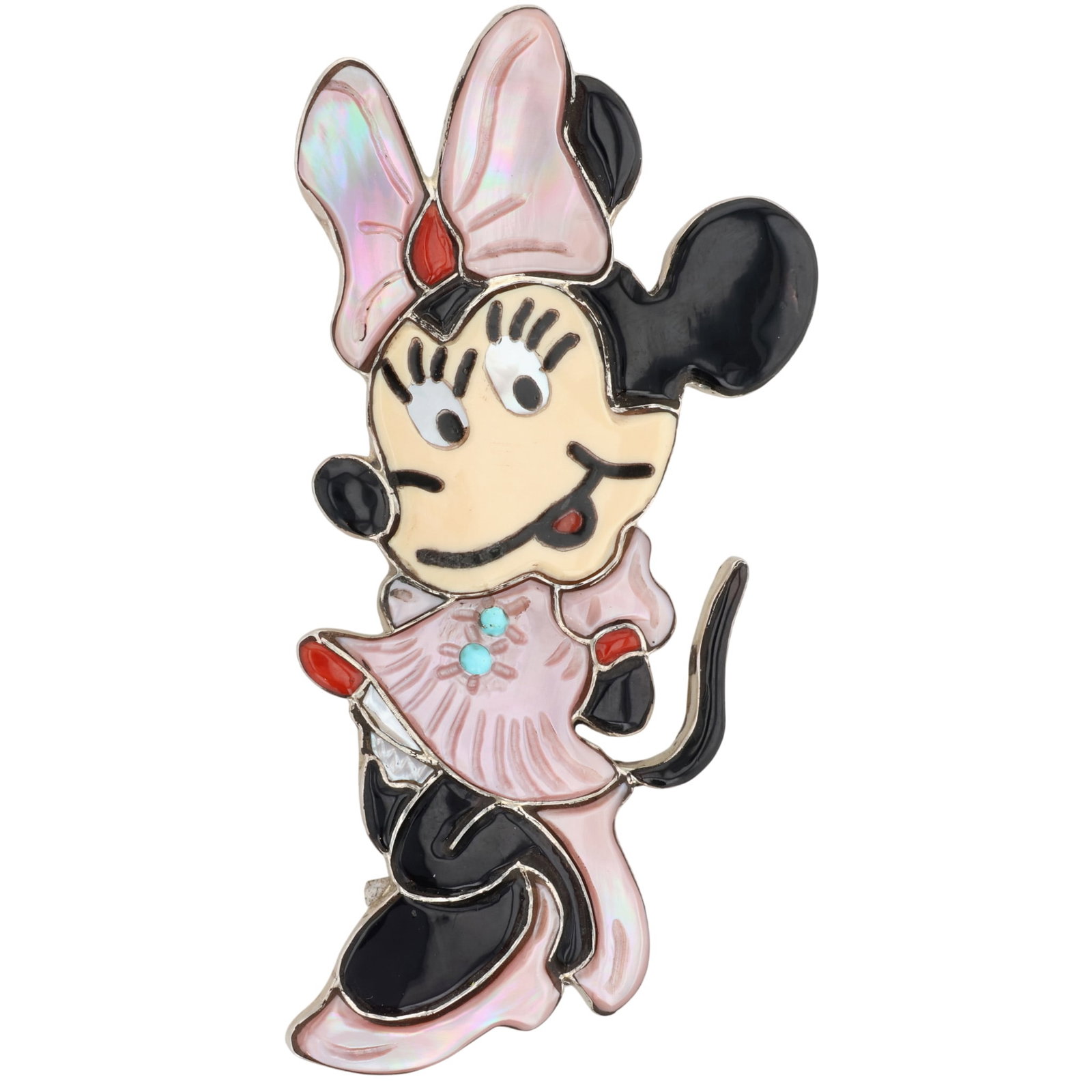 Andrea Lonjose Zuni Sterling Multi-Stone Zunitoon Minnie Mouse Pendant/Brooch: Andrea Lonjose Zuni Sterling Minnie Mouse Zunitoon Inlay Pendant/Brooch / 20g / Mother of Pearl, Onyx, Turquoise, Coral