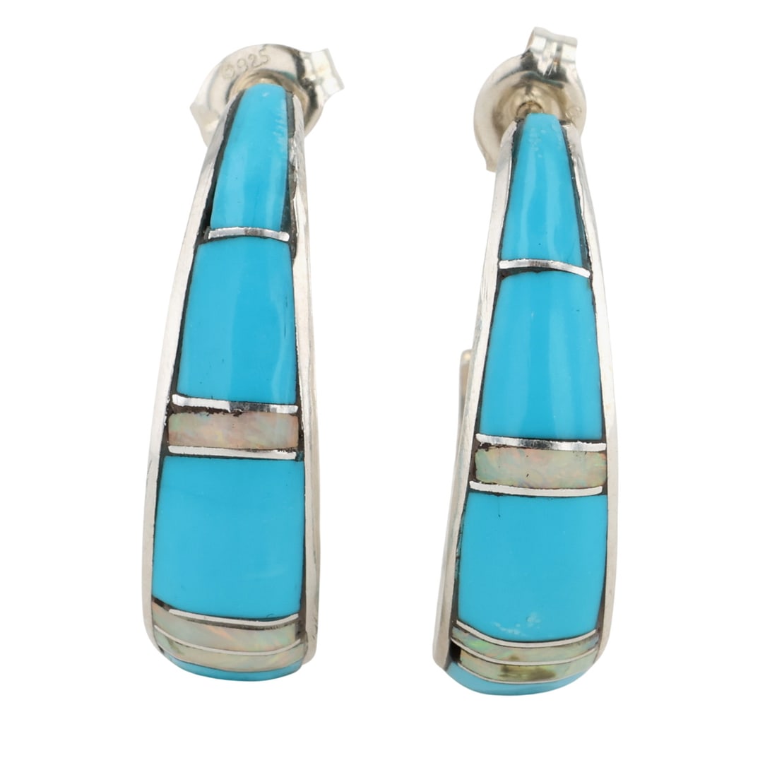 James Kee Zuni Sterling Multi-Stone Inlay Hoop Earrings: James Kee Zuni Sterling Multi-Stone Inlay Hoop Earrings / 4.5g / Opal, Turquoise