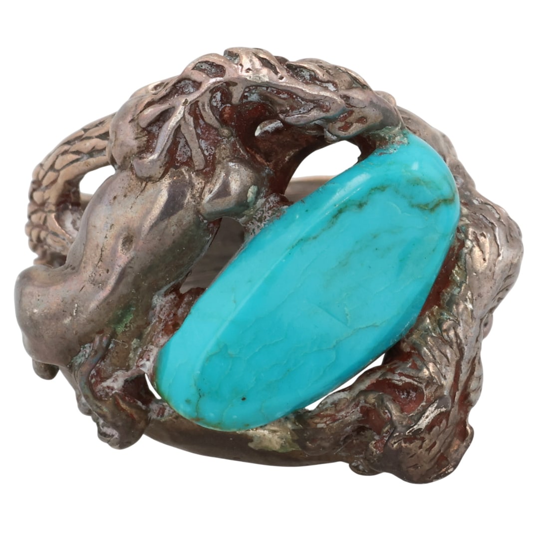 Navajo Sterling Turquoise Horse and Bobcat Ring Sz 9.25: Navajo Sterling Turquoise Horse and Bobcat Ring Sz 9.25 / 20g