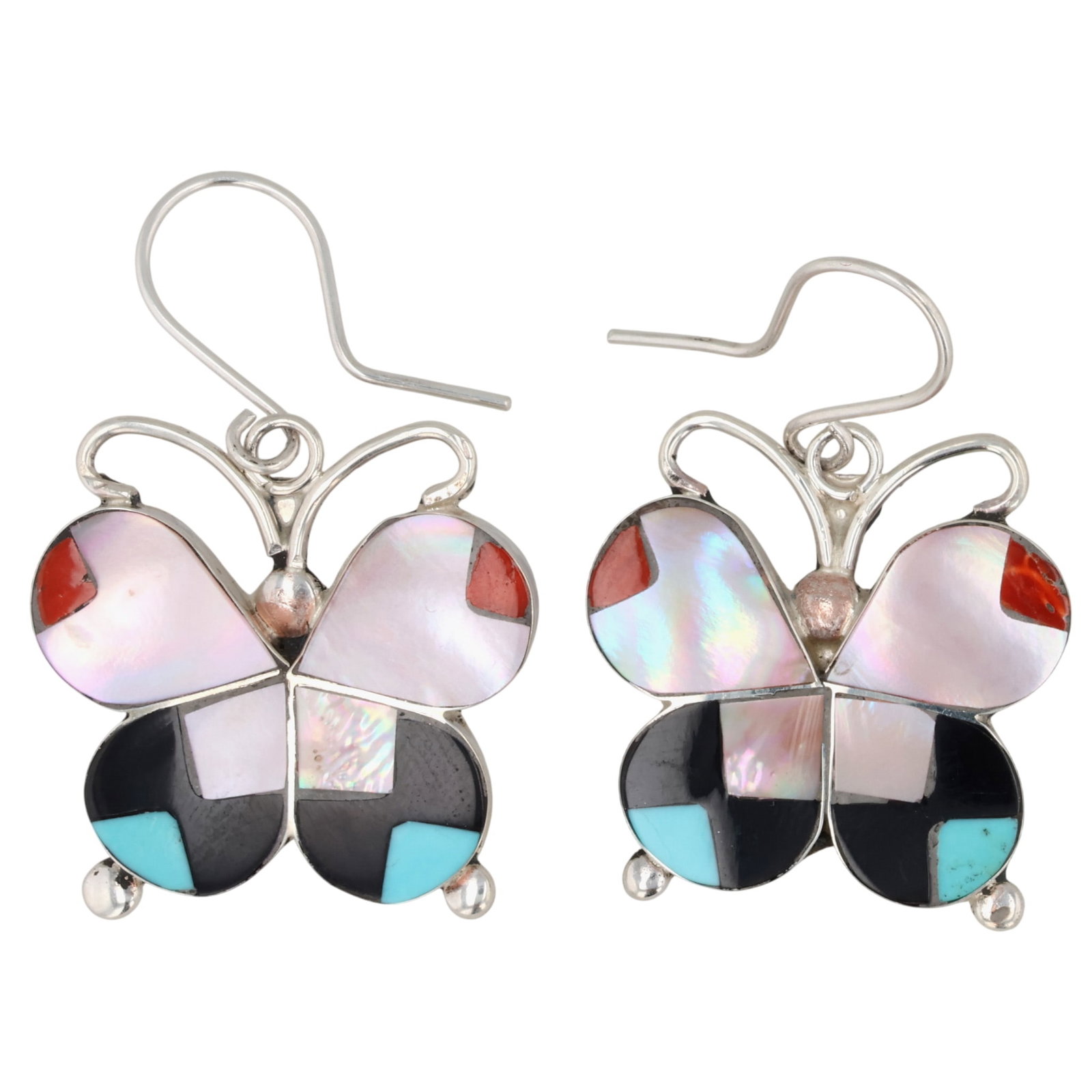 Allison Dishta Zuni Sterling Multi-Stone Butterfly Earrings: Allison Dishta Zuni Sterling Multi-Stone Butterfly Earrings / 7.5g / Mother of Pearl, Turquoise, Coral, Onyx, Abalone