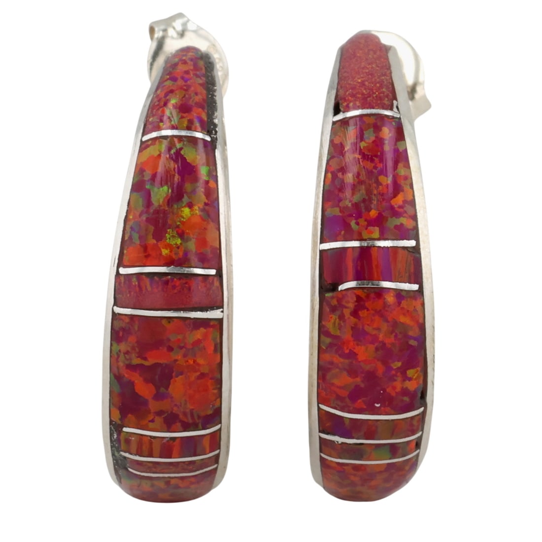James Kee Zuni Sterling Opal Inlay Earrings: James Kee Zuni Sterling Opal Inlay Earrings / 4g / Some inlay does not sit completely flush against the settings, see photo, as is / Unsigned. Artist attribution based on accompanying tag.