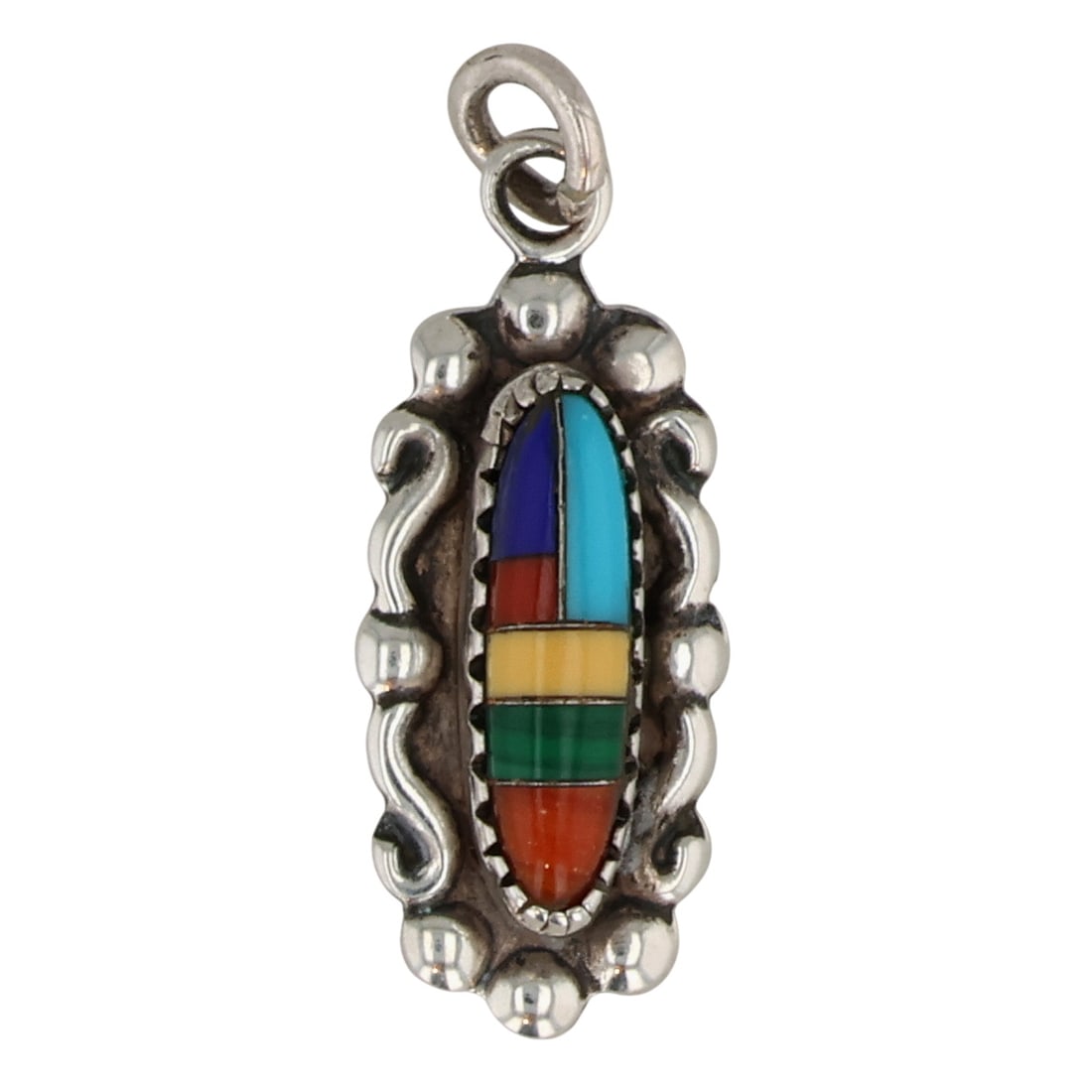 Wheeler Manufacturing Co. Sterling Multi-Stone Inlay Pendant: Wheeler Manufacturing Co. Sterling Multi-Stone Inlay Pendant / 1g / Synthetic Turquoise, Malachite, Lapis Lazuli, Coral
