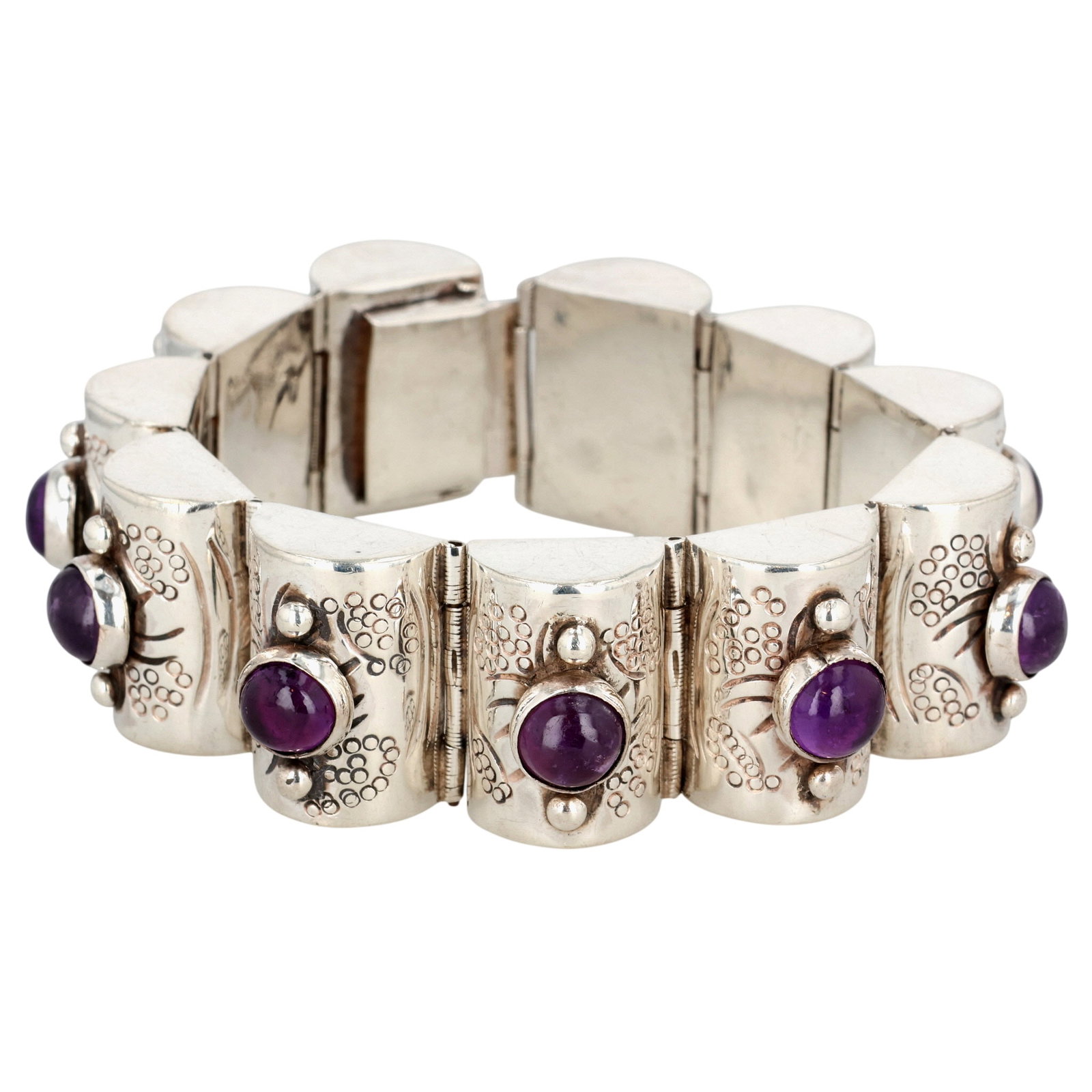 Mexico Sterling Amethyst Hollow Form Link Bracelet: Mexico Sterling Amethyst Hollow Form Link Bracelet / 53g