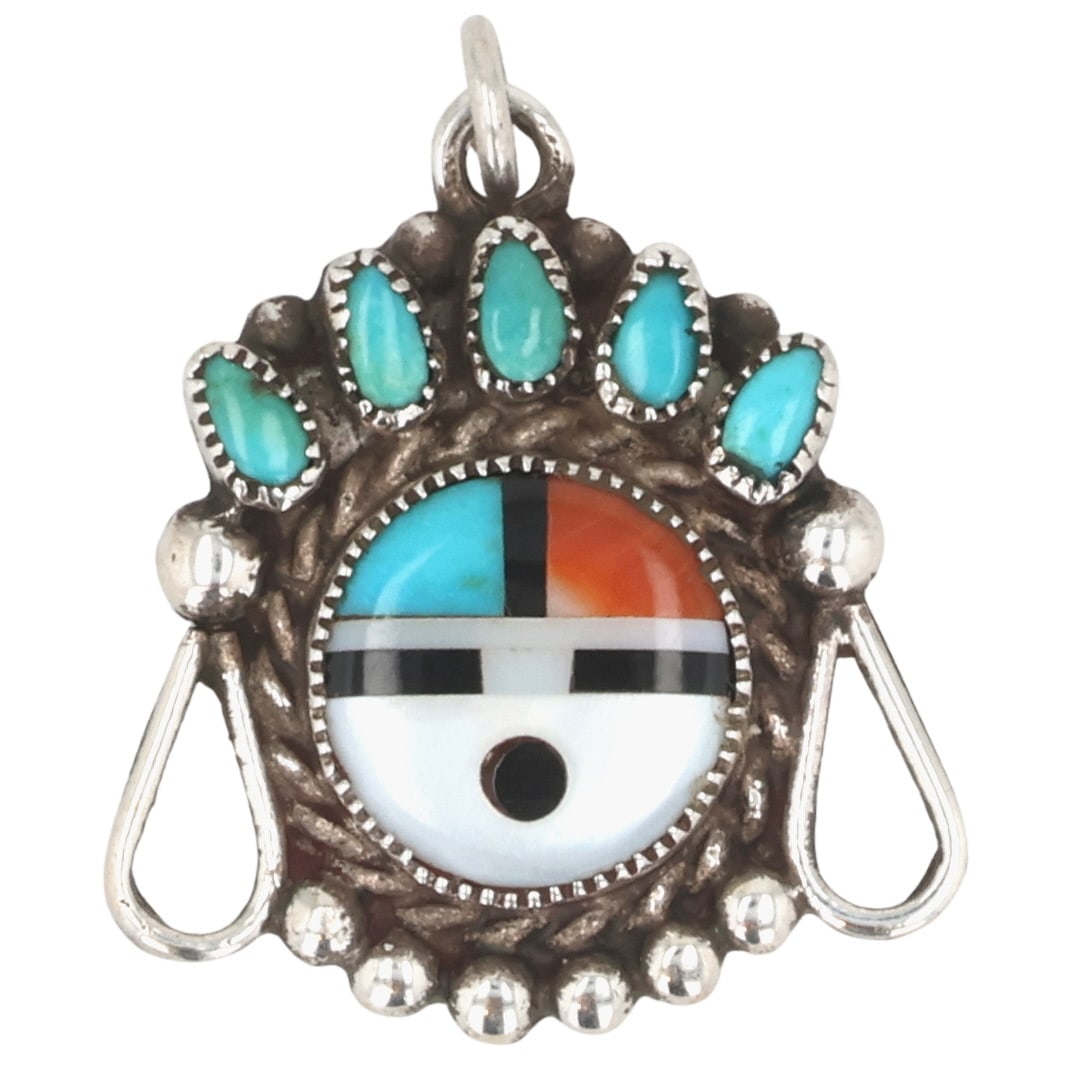 Vintage Zuni Sterling Multi-Stone Inlay Sunface Pendant: Vintage Zuni Sterling Multi-Stone Inlay Sunface Pendant / 3g / Mother of Pearl, Turquoise, Onyx, Coral