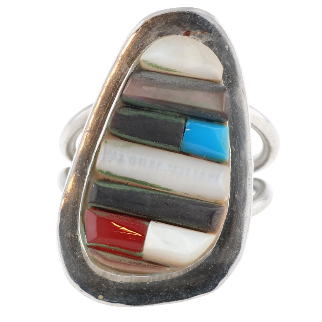 Navajo Sterling Multi-Stone Cobblestone Inlay Ring Sz 9.5: Navajo Sterling Multi-Stone Cobblestone Inlay Ring Sz 9.5 / 9.5g / Mother of Pearl, Coral, Abalone, Turquoise, Onyx