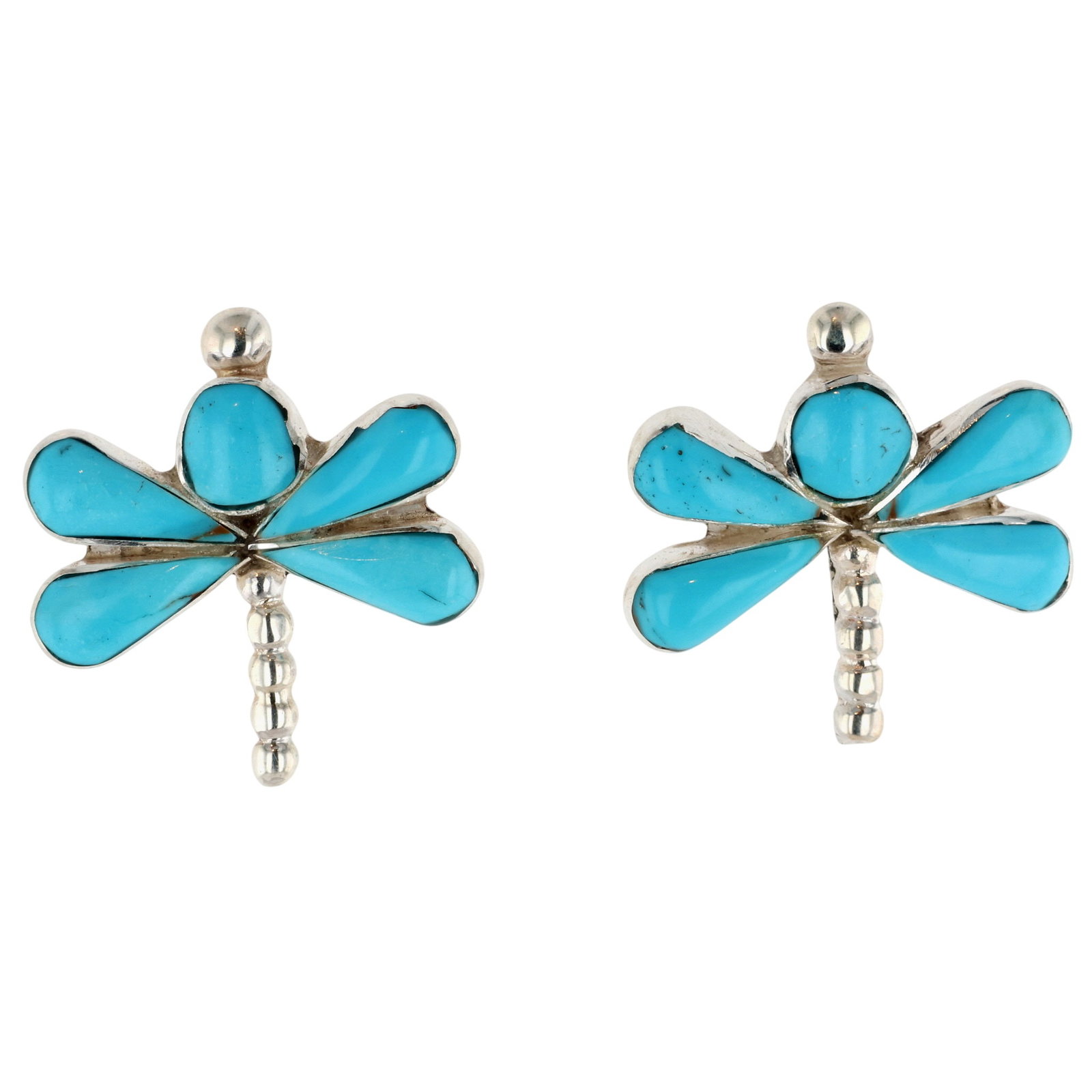 Swain Charley Zuni Sterling Kingman Turquoise Dragonfly Earrings: Swain Charley Zuni Sterling Kingman Turquoise Dragonfly Earrings / 3.5g / Unsigned. Artist attribution based on accompanying tag.