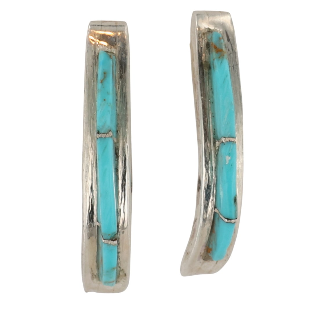 Kent Lonjose Zuni Sterling Turquoise Inlay Earrings: Kent Lonjose Zuni Sterling Turquoise Inlay Earrings / 1.5g / Unsigned. Artist attribution based on accompanying tag.