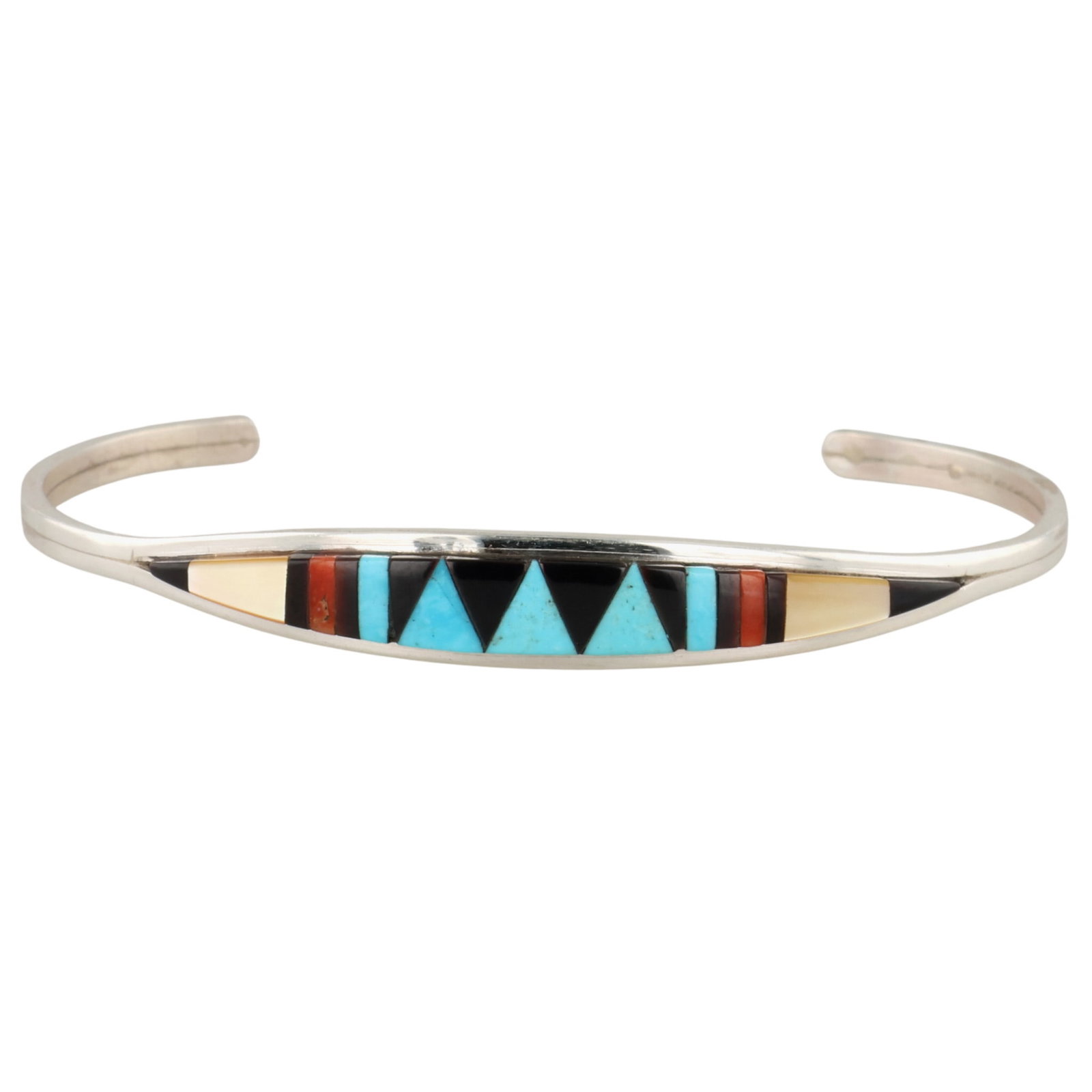 Cena Weebothee Zuni Sterling Multi-Stone Inlay Cuff Bracelet: Cena Weebothee Zuni Sterling Multi-Stone Inlay Cuff Bracelet / 5.5g / Coral, Turquoise, Onyx, Mother of Pearl