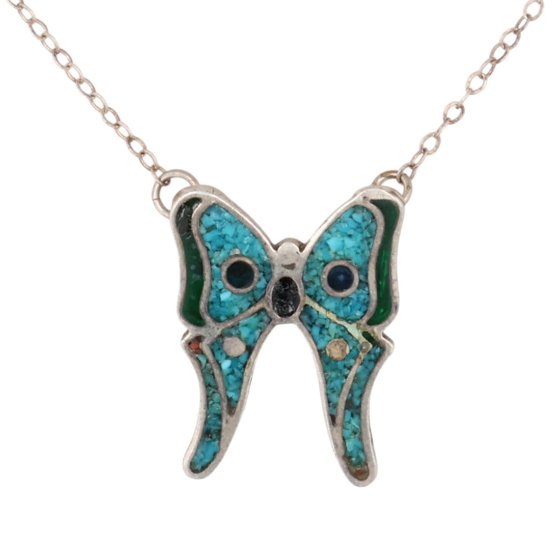 Southwest Sterling Multi-Stone Chip Inlay Butterfly Necklace: Southwest Sterling Multi-Stone Chip Inlay Butterfly Necklace / 3g / Crushed Turquoise, Malachite, Coral