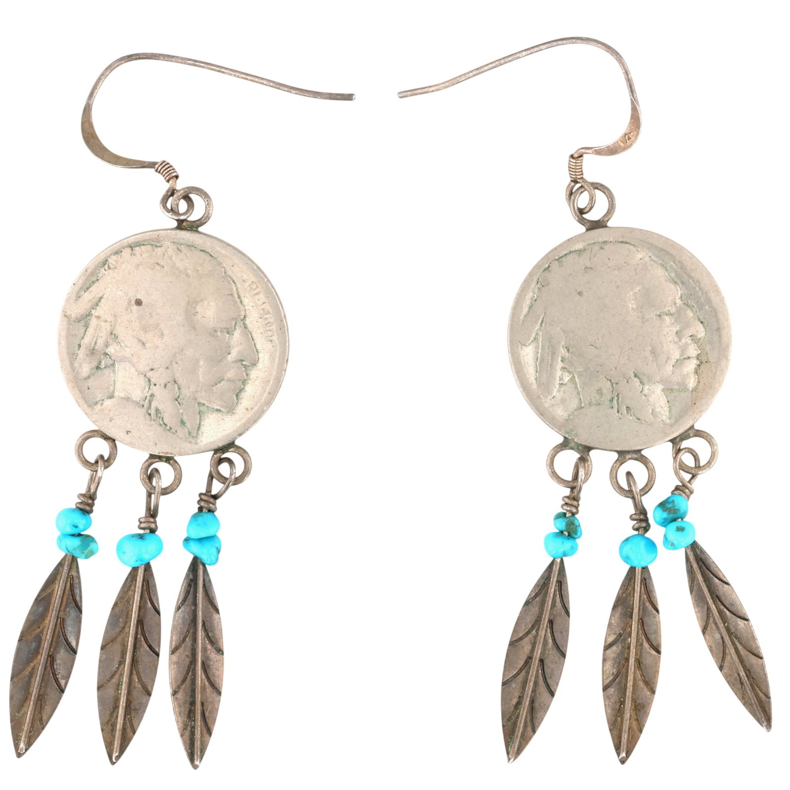 Southwest Sterling Buffalo Nickel Turquoise Earrings: Southwest Sterling Buffalo Nickel Turquoise Earrings / 13.5g